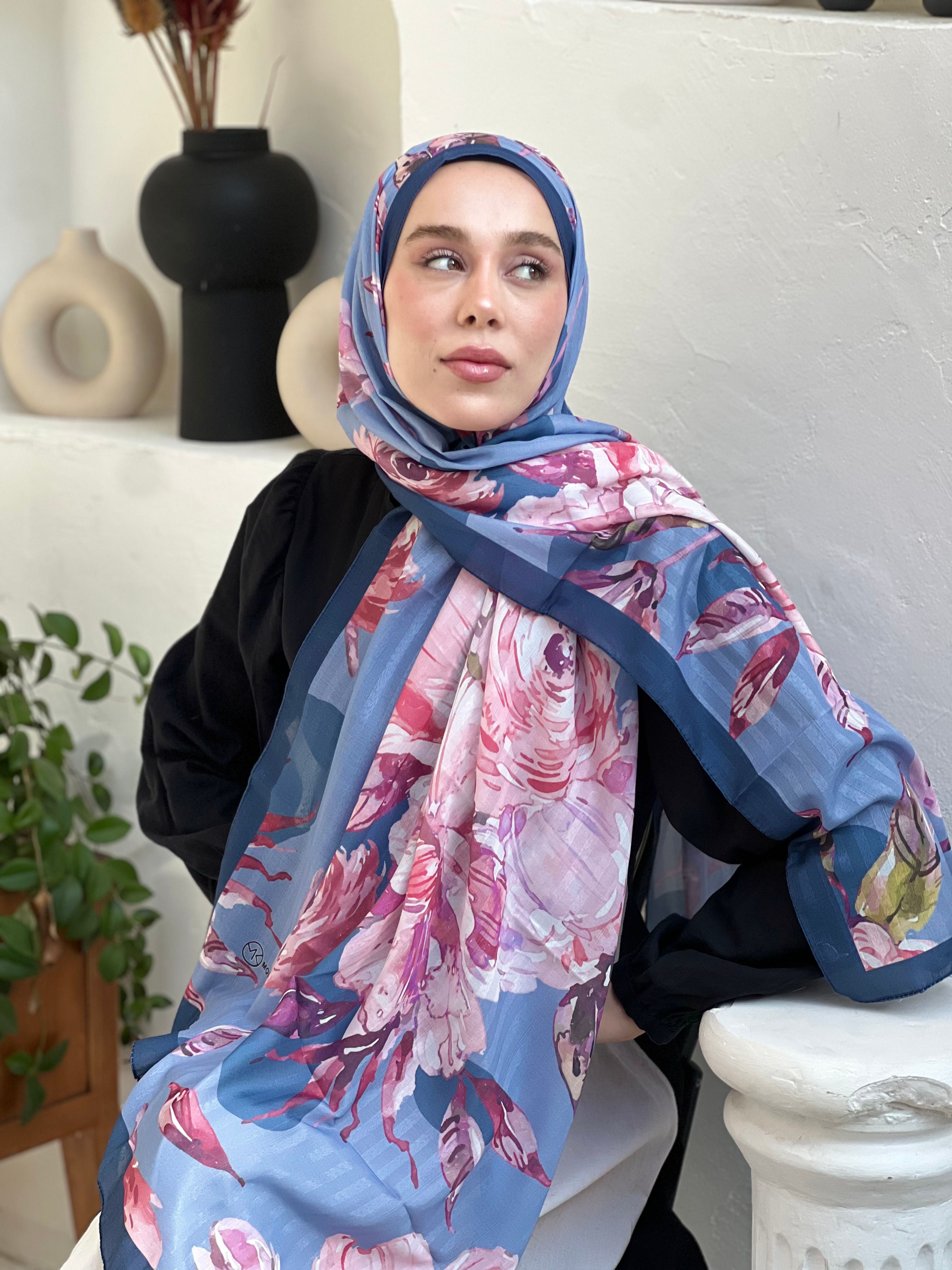 Azalea Pattern Striped Shawl - Navy Blue-Blue