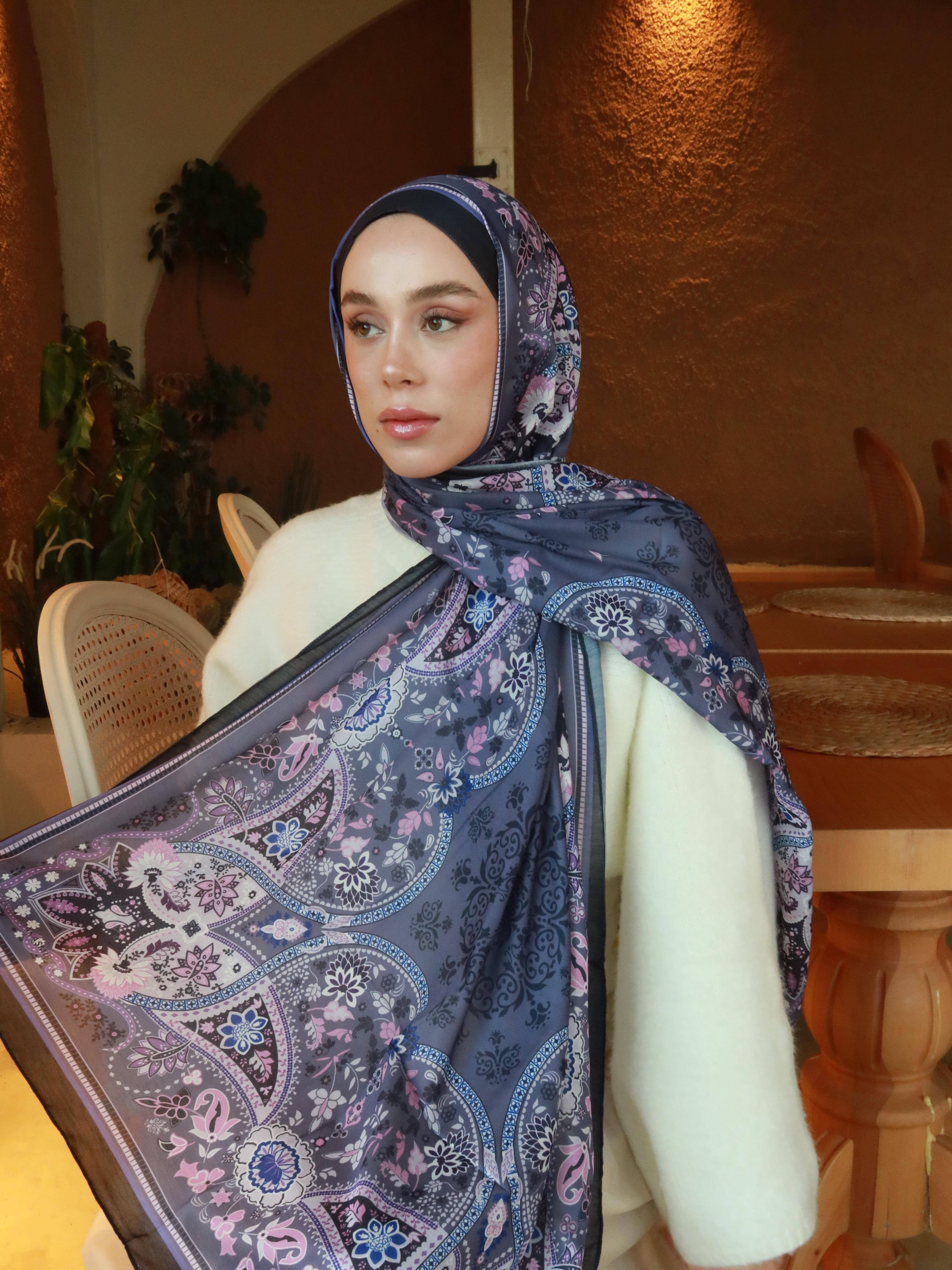 Lalezar Pattern Cotton Shawl - Lacivert-Mor