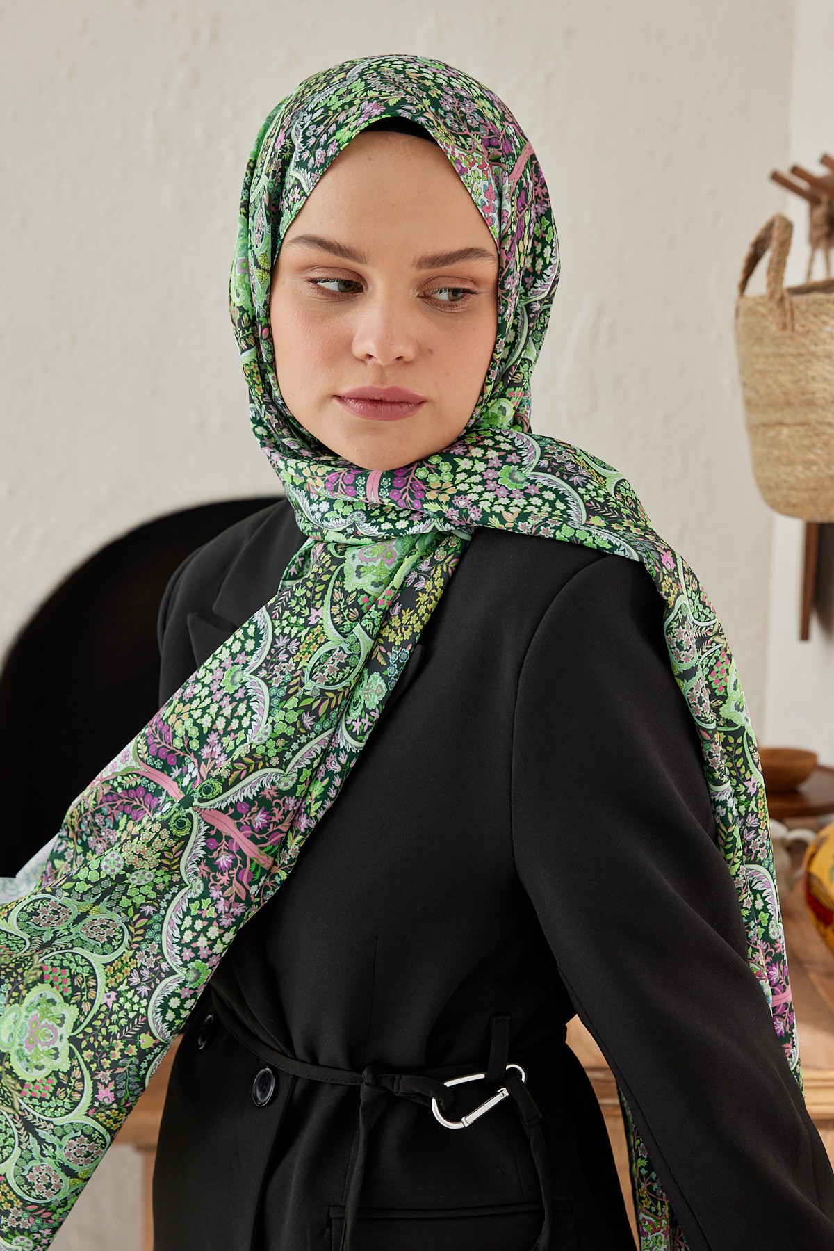 Silky Shawl Munhani Pattern - Koyu Yeşil-Neon Yeşil