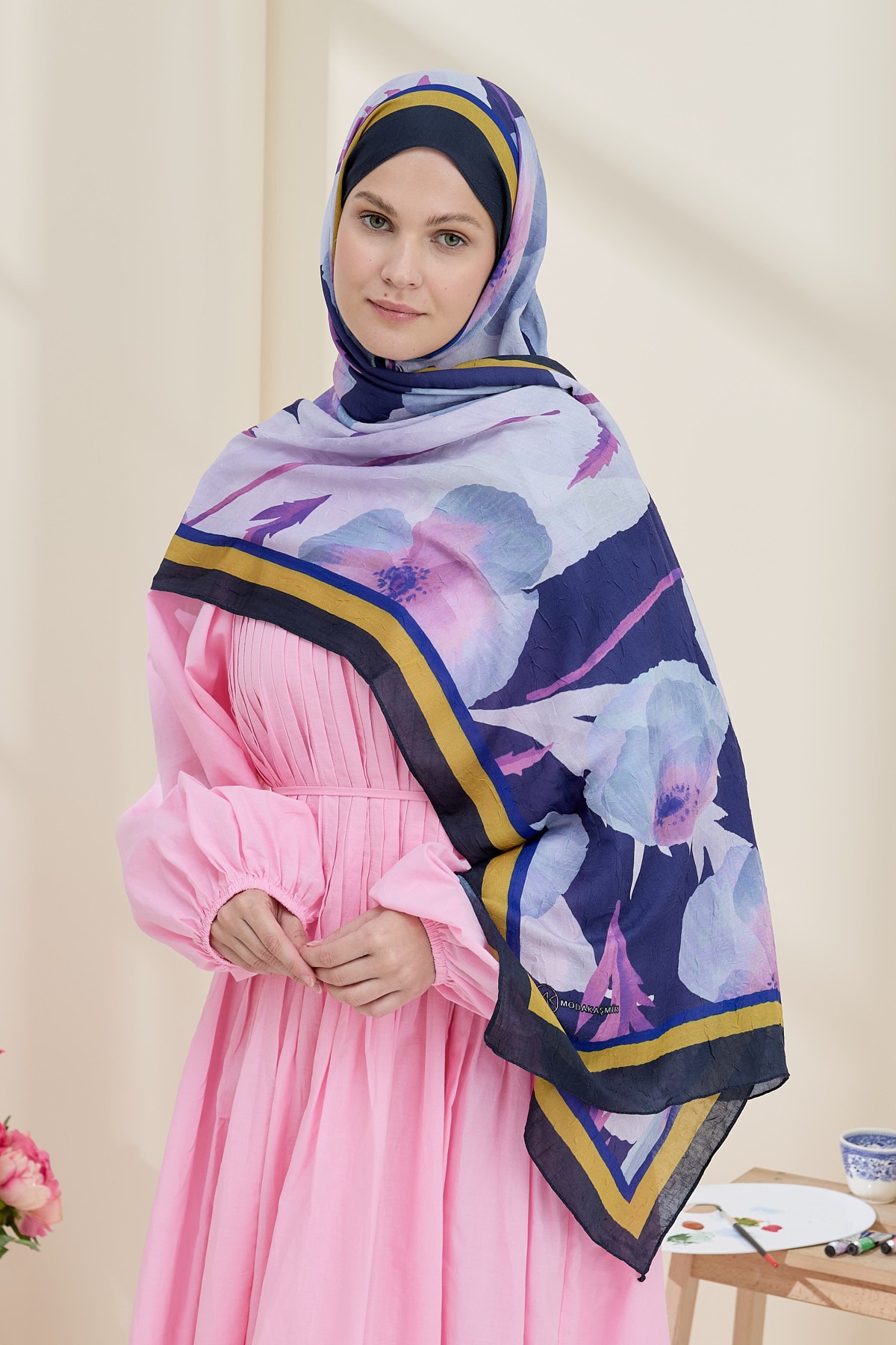 Poppy Pattern Bamboo Shawl - Navy Blue-Mustard