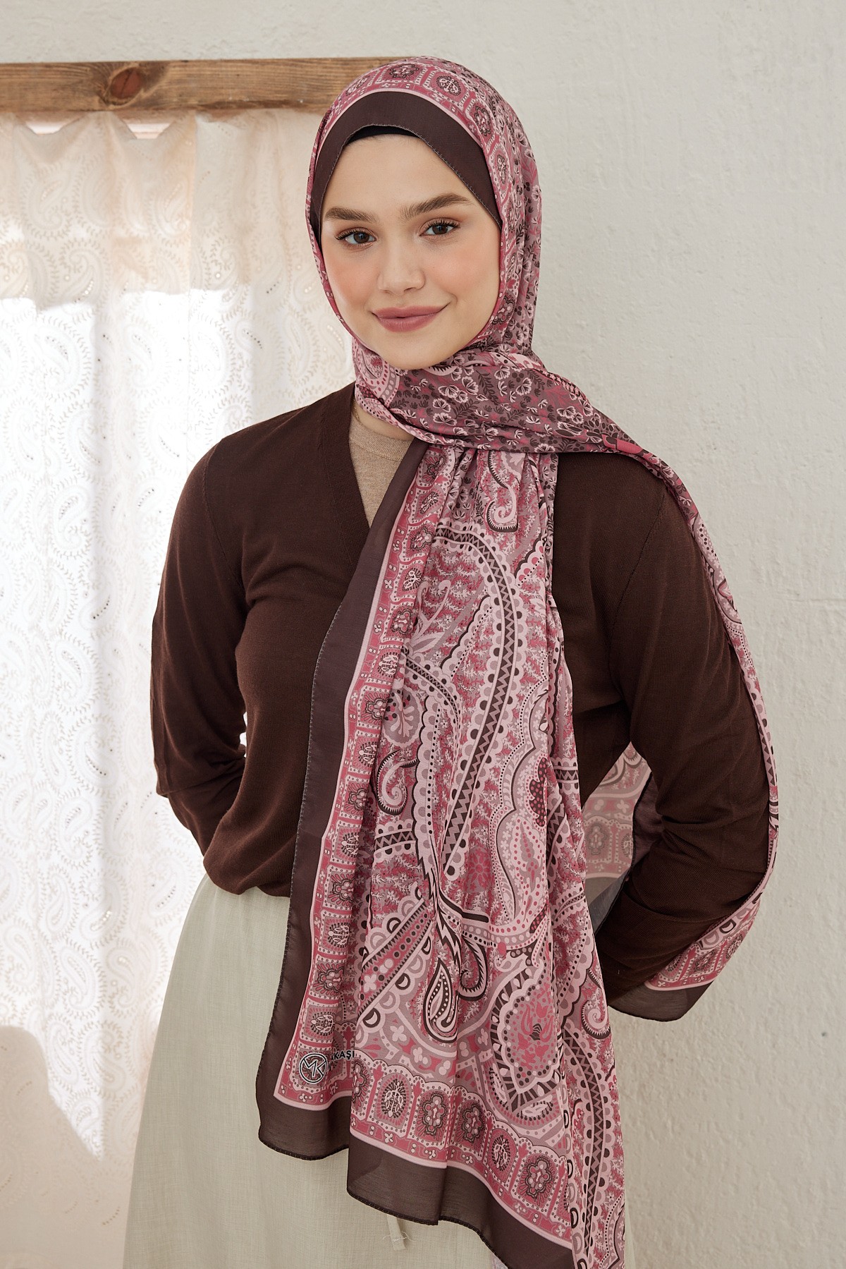 Tibetan Pattern Cotton Shawl - Acı Kahve-Gül Pembe