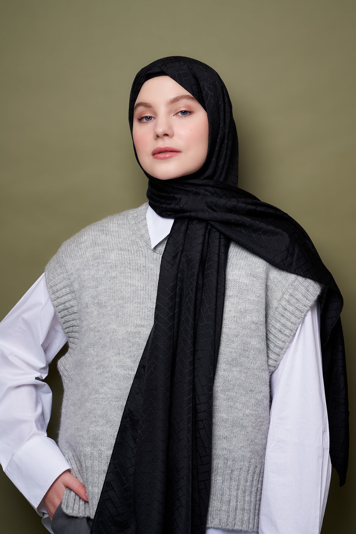 Natür Jacquard Series Brick Pattern Shawl - Black