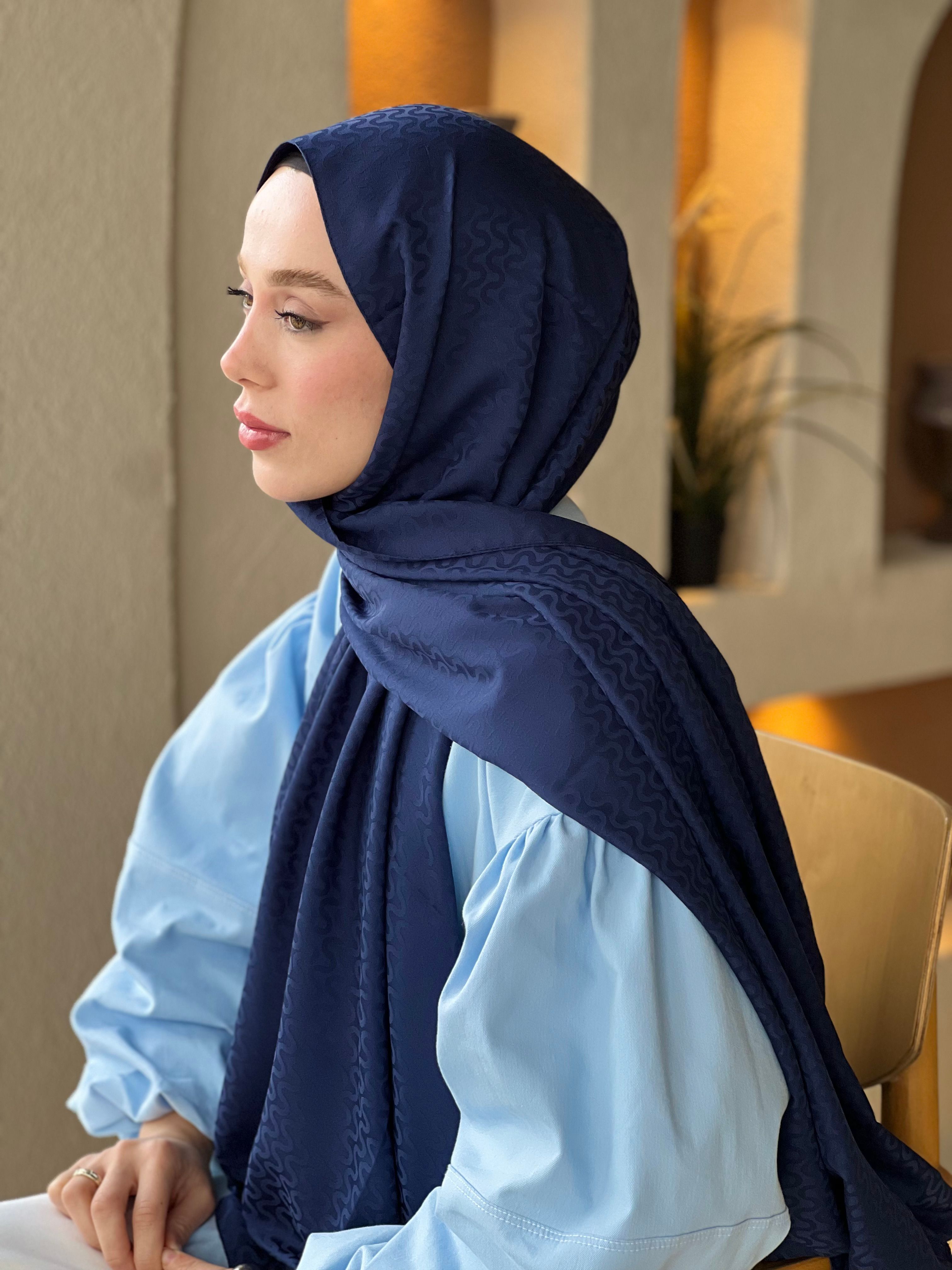 Silky Jacquard Series Water Wave Pattern Shawl - Navy Blue