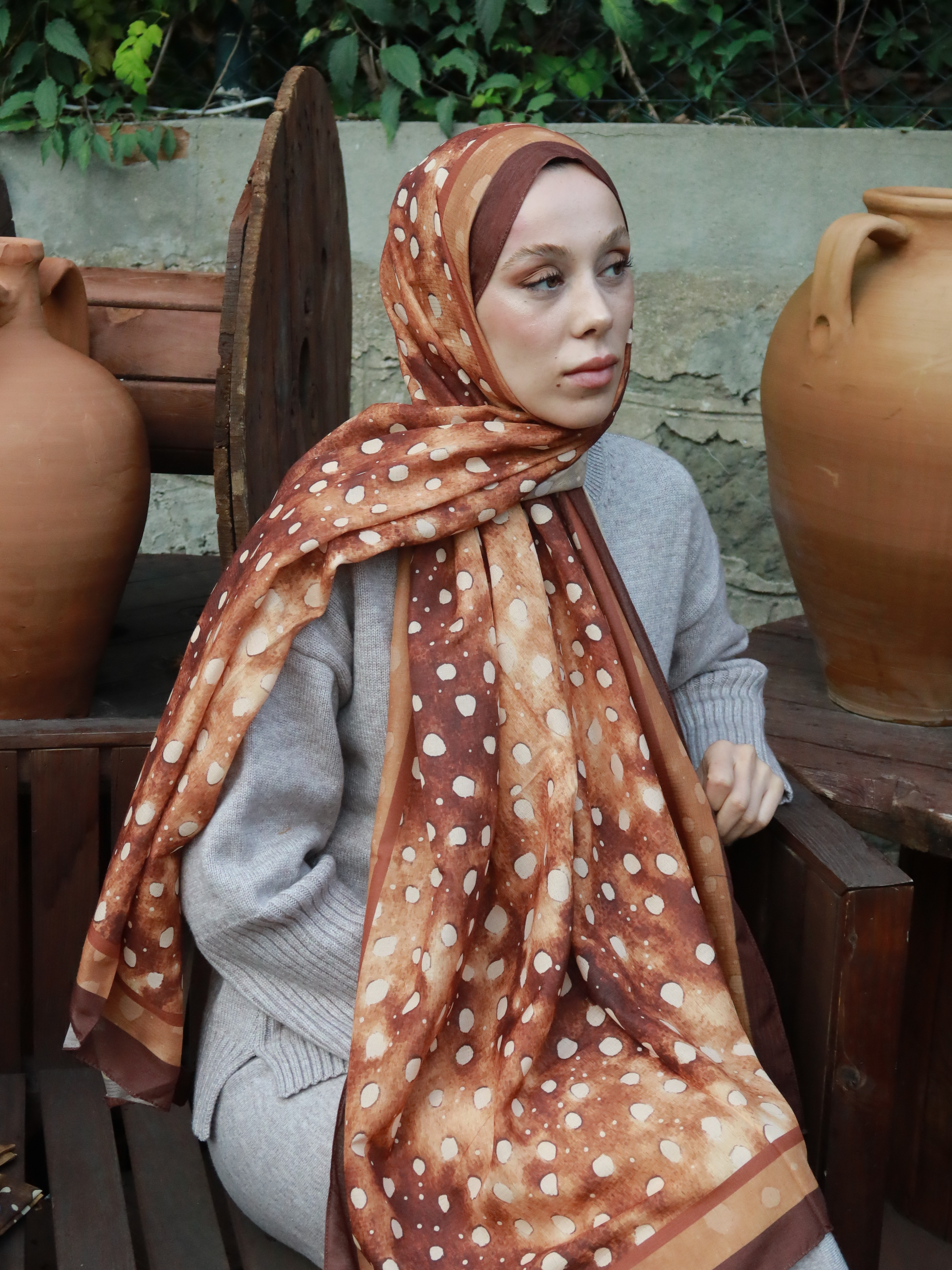Geyik Desen Lina Şal - Kakao
