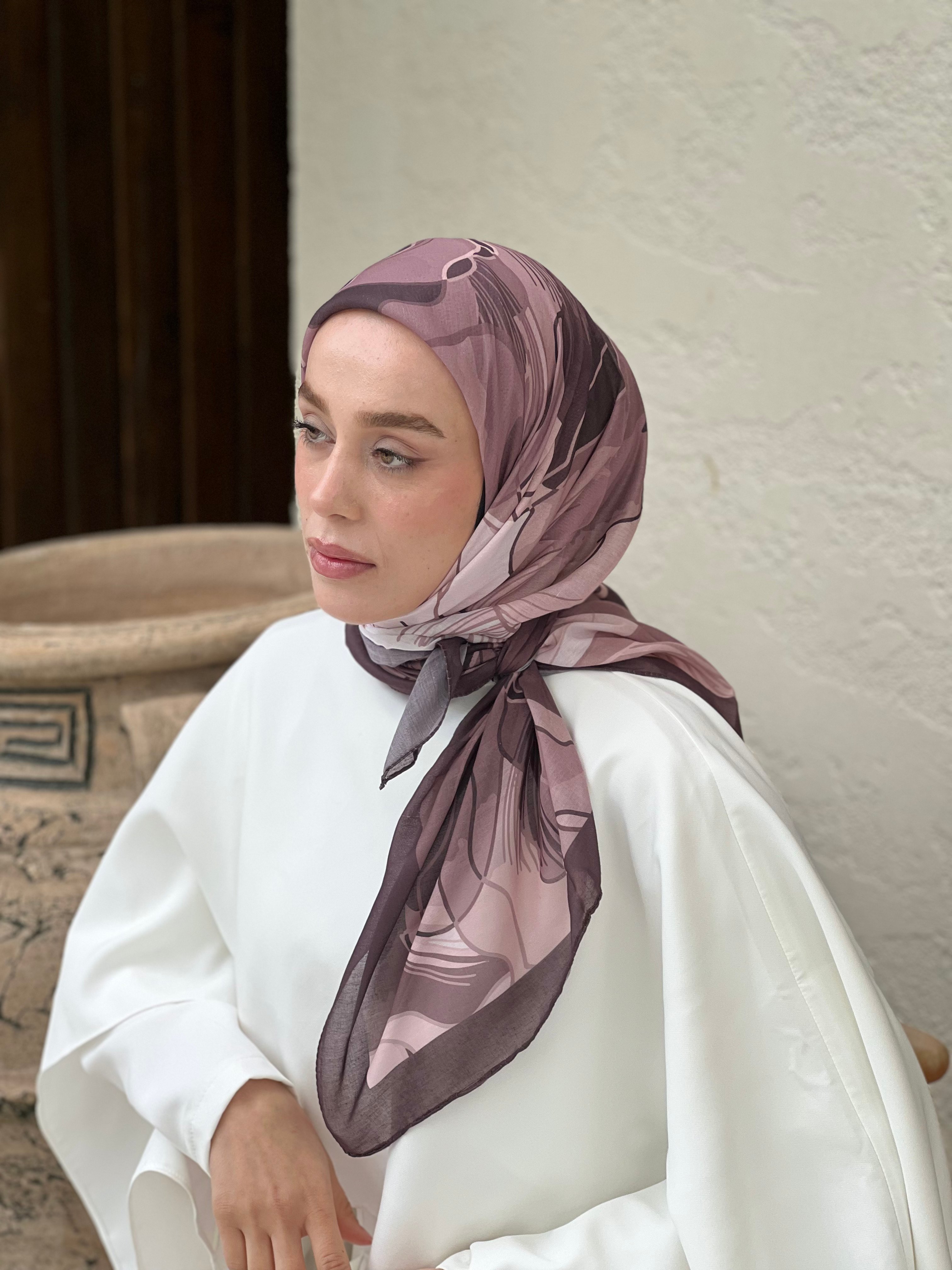 110 Cm Orkide Desen Eşarp - Acı Kahve-Pudra