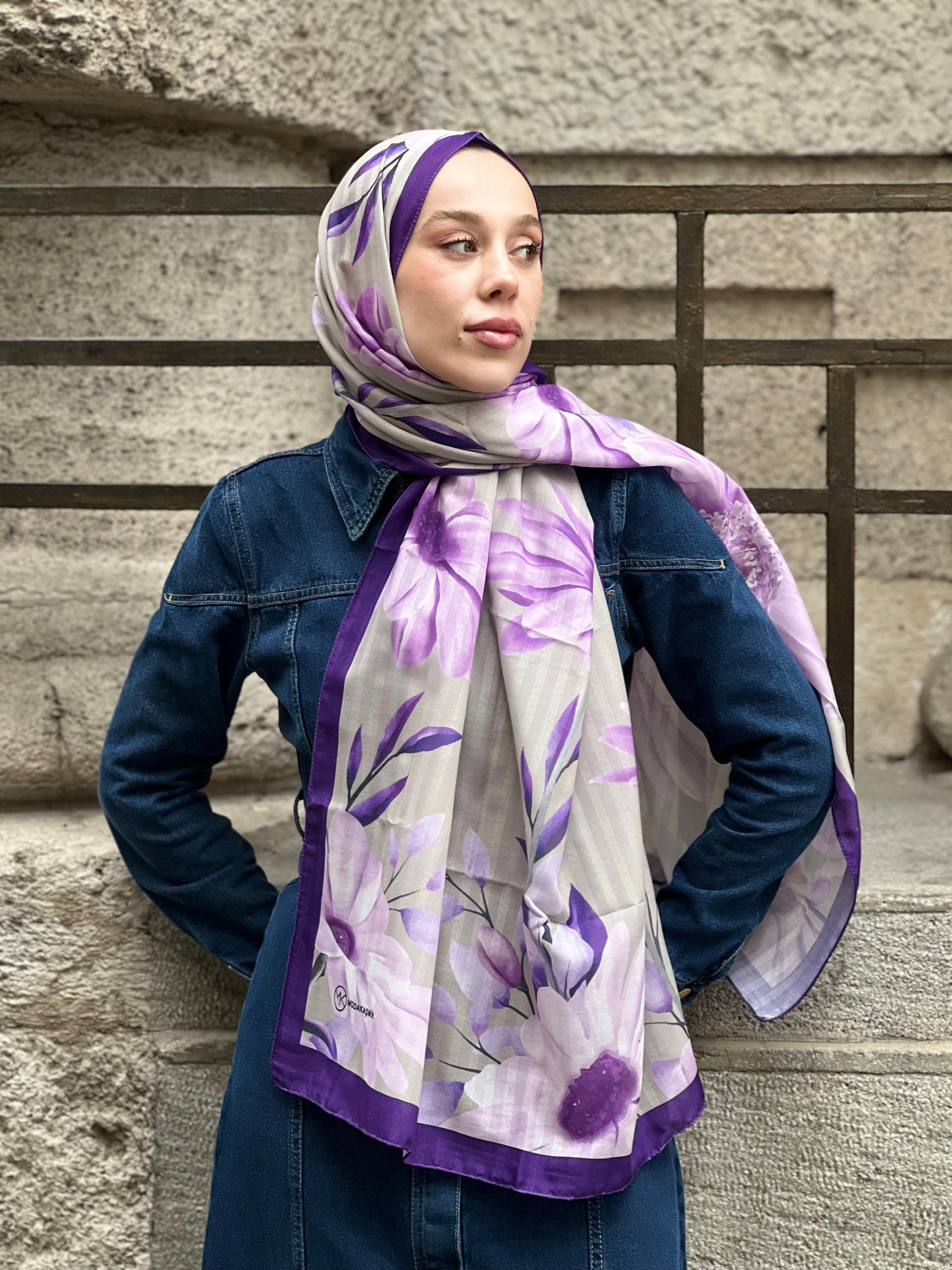 Kamelia Pattern Striped Shawl - Dark Purple