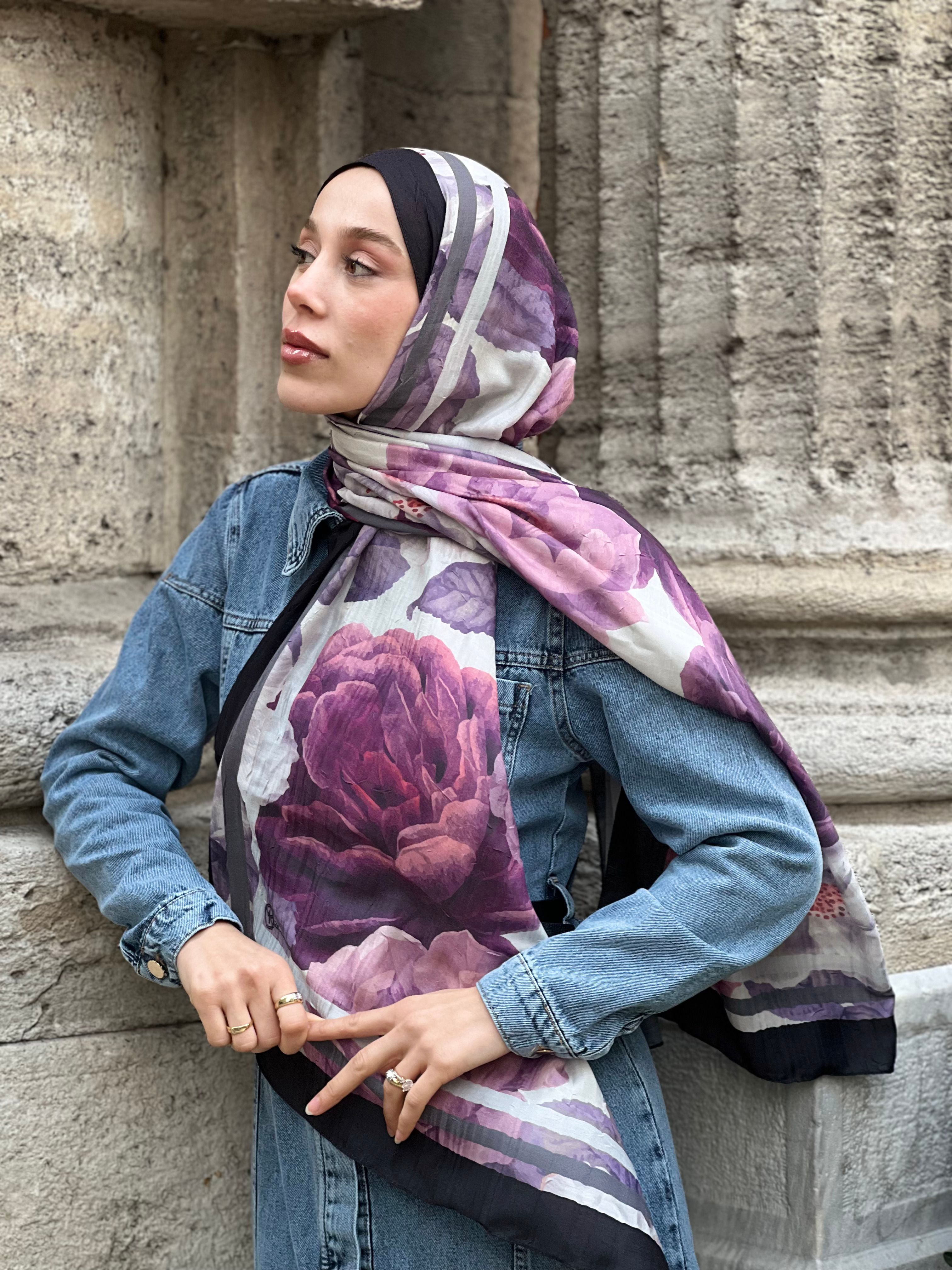 Gül Desen Bambu Şal - Siyah-İğde