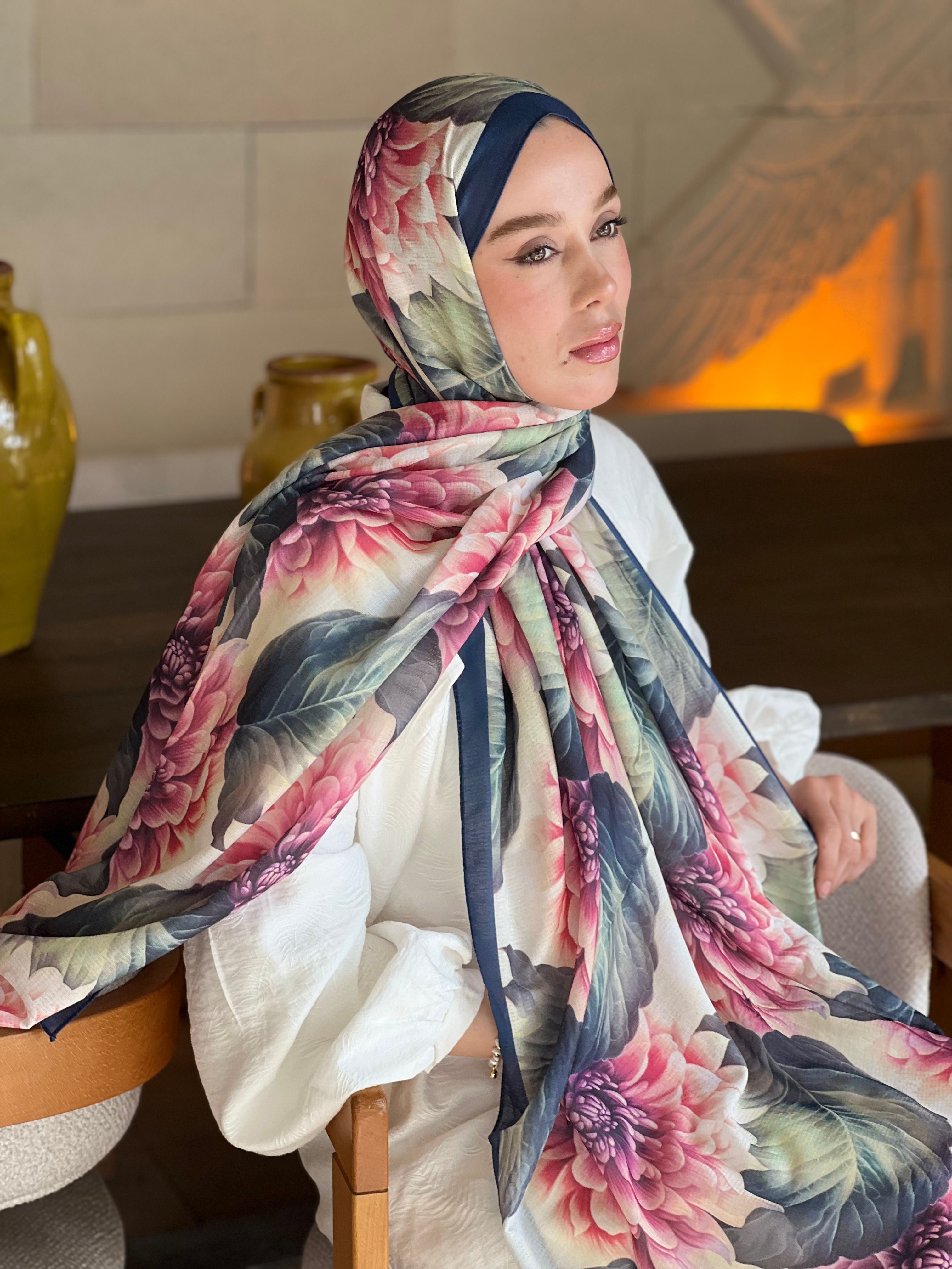 Ortanca Desen Lina Şal - Lacivert