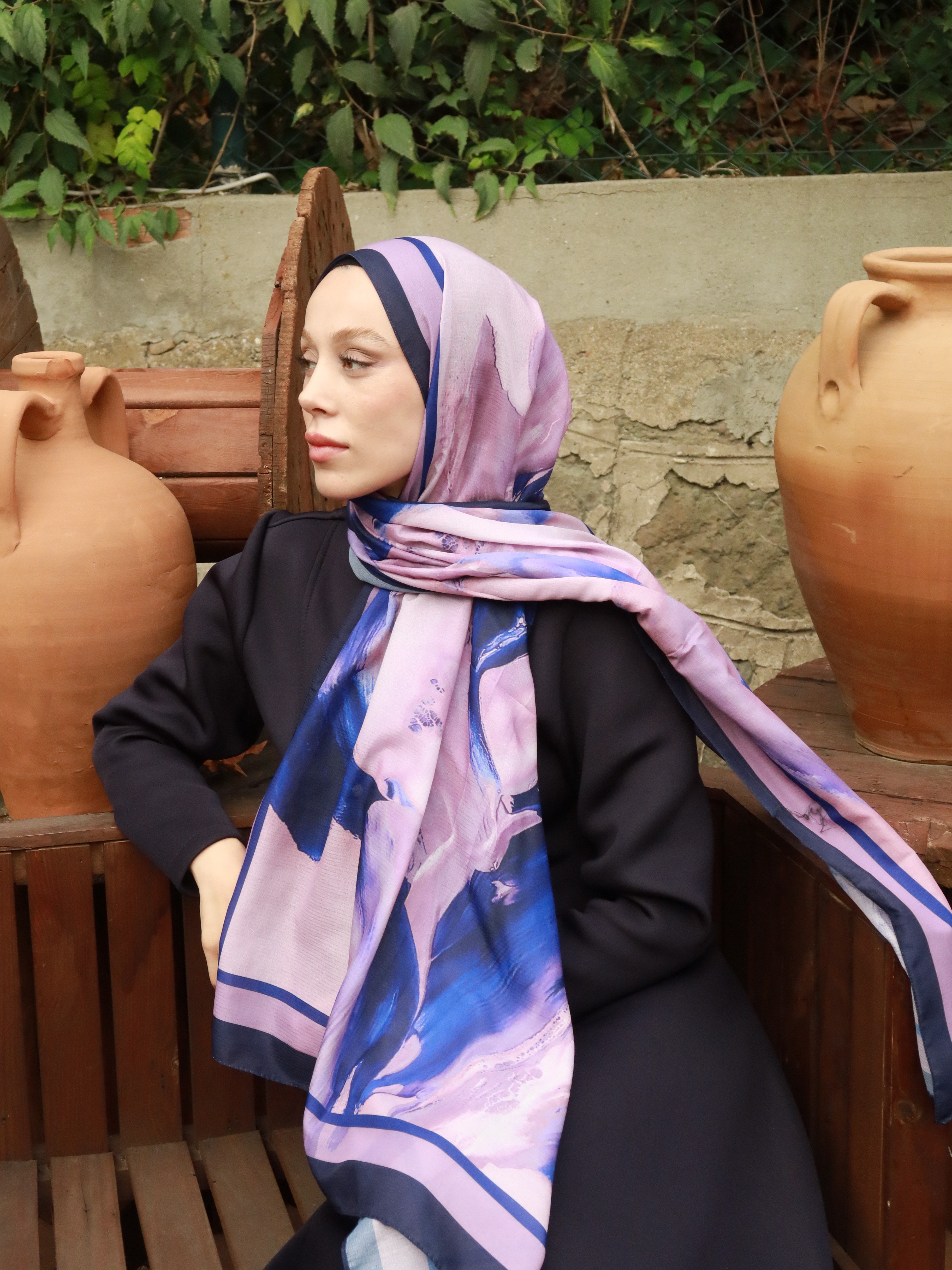 Punch Desen Lina Şal - Lacivert-Pembe