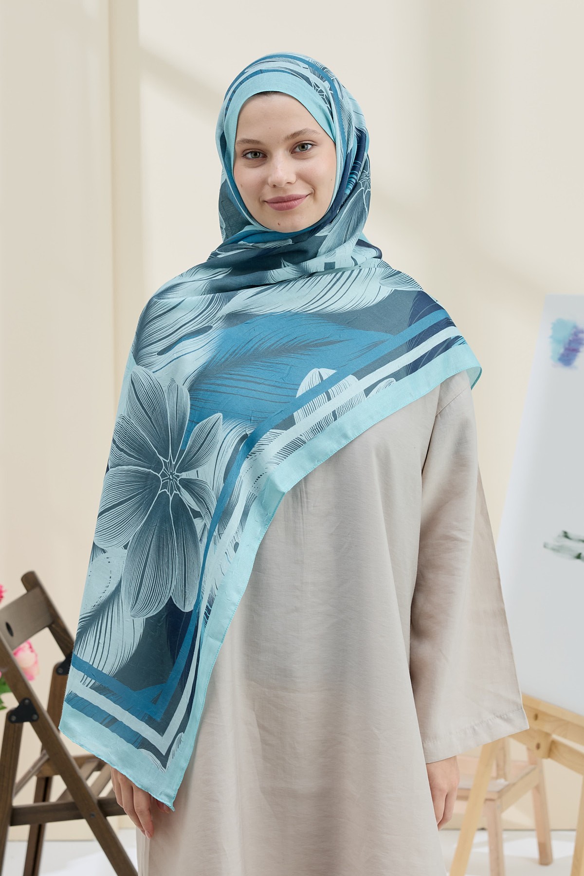 Palmira Desen Bambu Şal - Açık Mavi