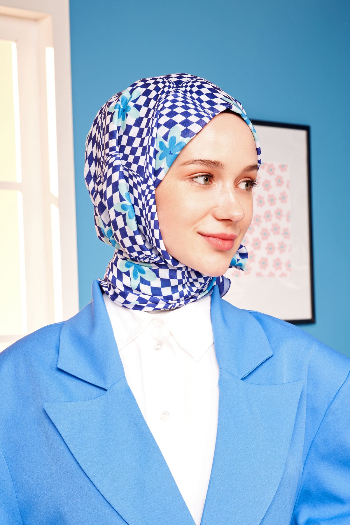 Checker Cotton Shawl - Blue 