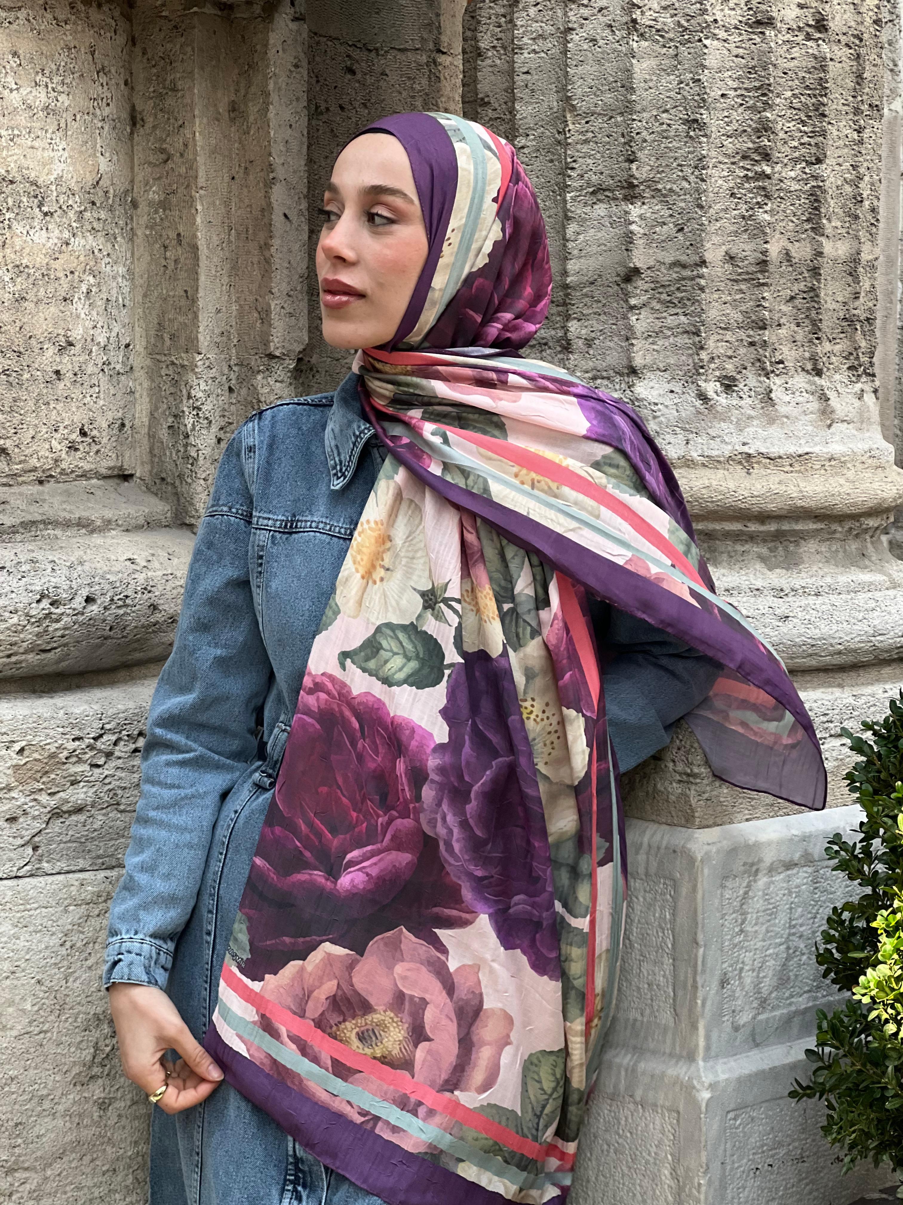 Gül Desen Bambu Şal - Mürdüm