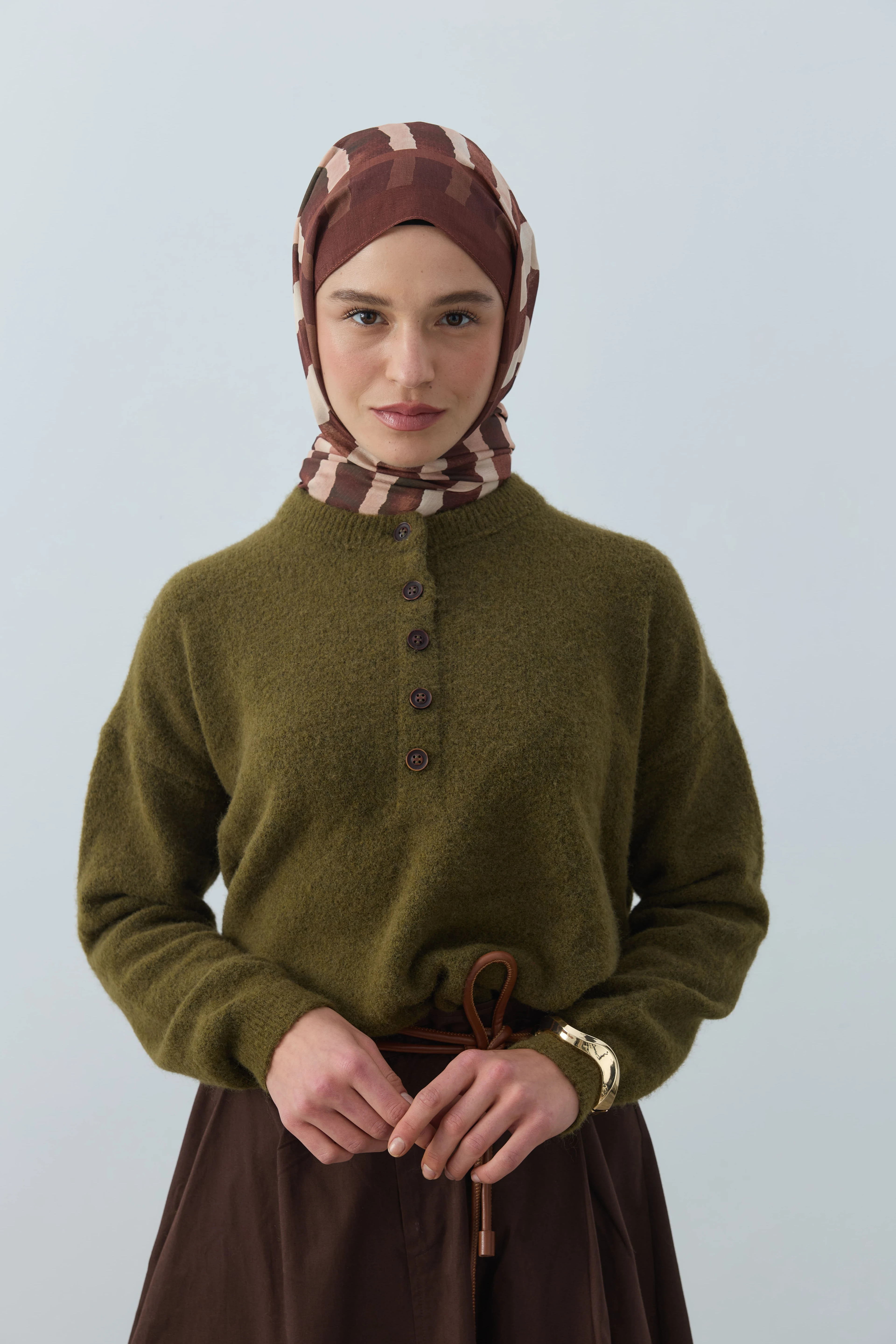 Curvella Desen Lina Şal - Kahverengi