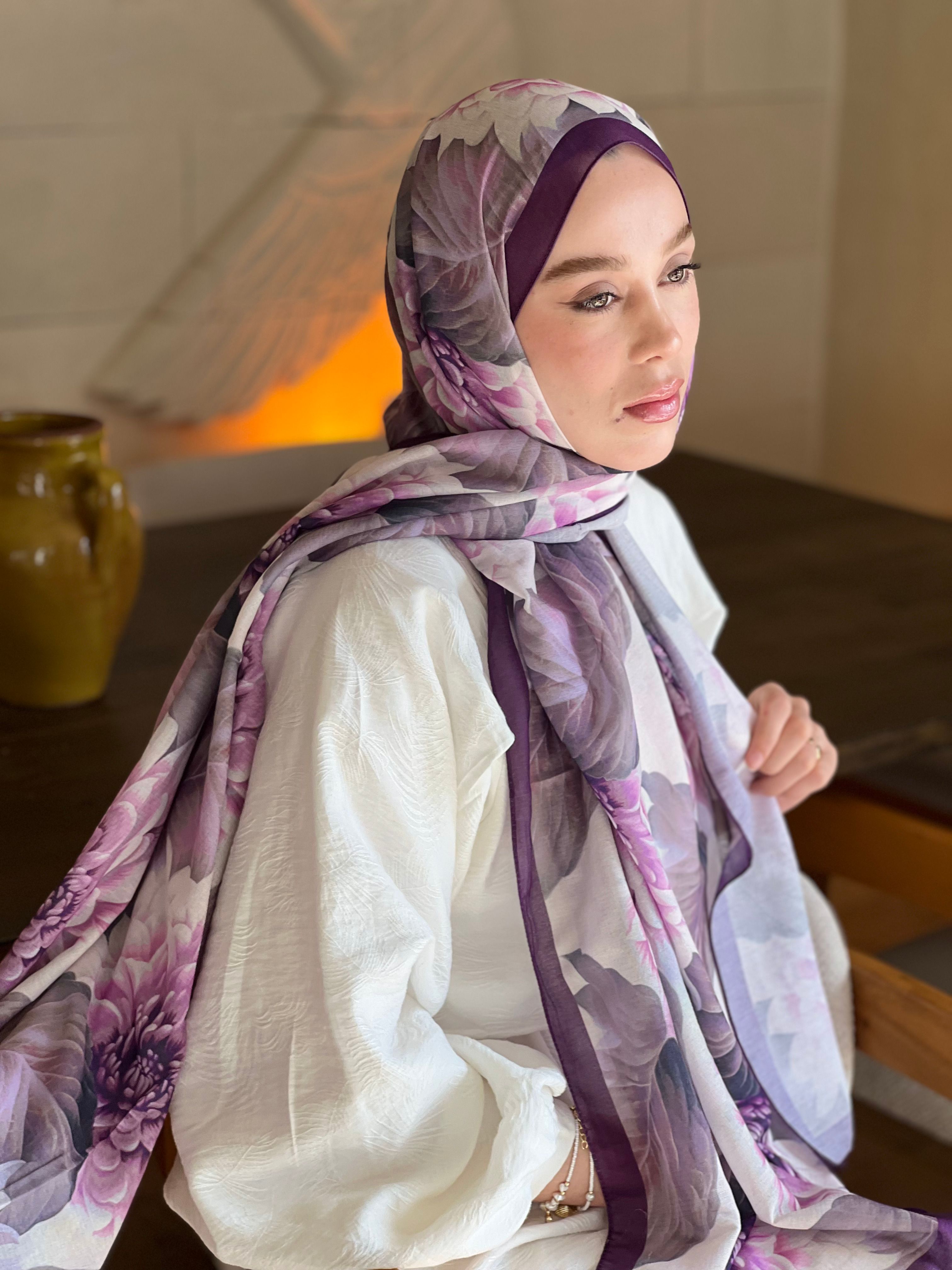 Ortanca Desen Lina Şal - Mor