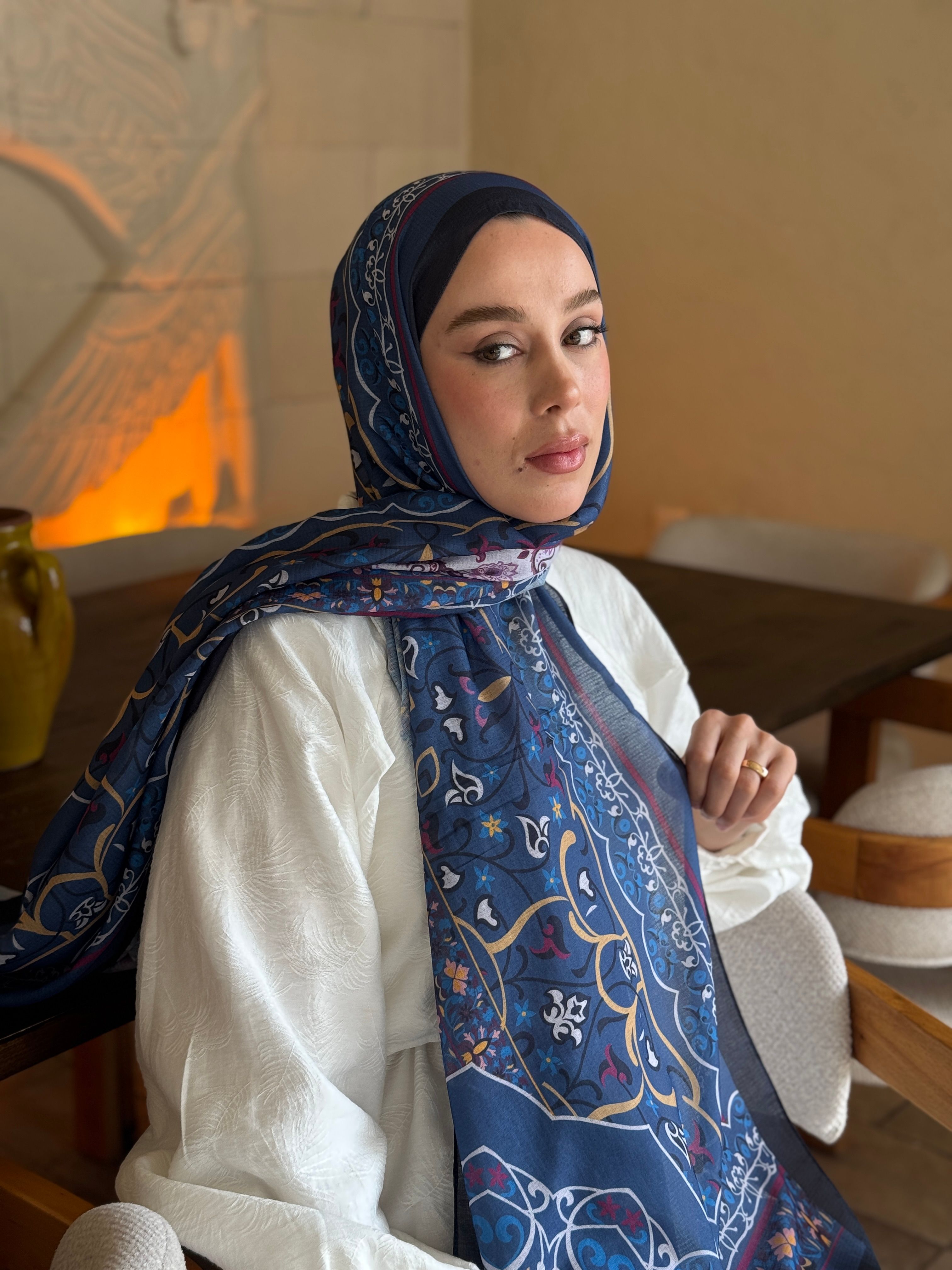 Pıtrak Desen Lina Şal - Siyah-İndigo