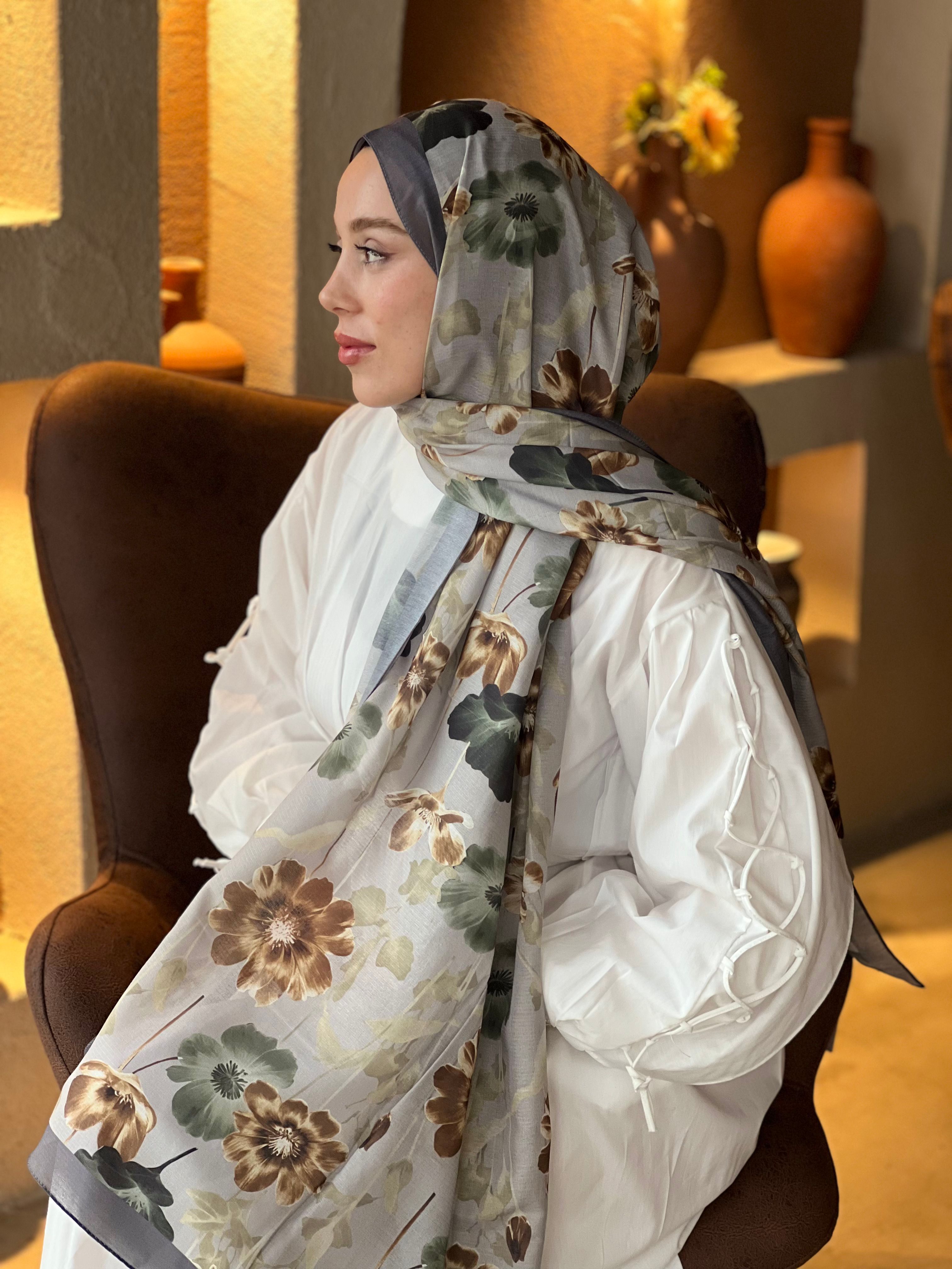 Fiori Desen Lina Şal - Koyu Gri-Siyah