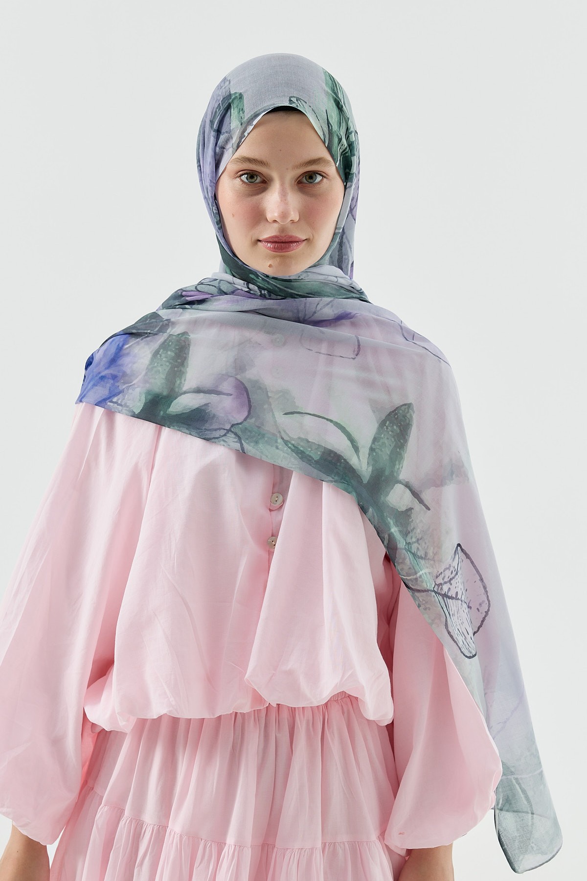 Nilüfer Desen Aya Şal - Kemik-Mor