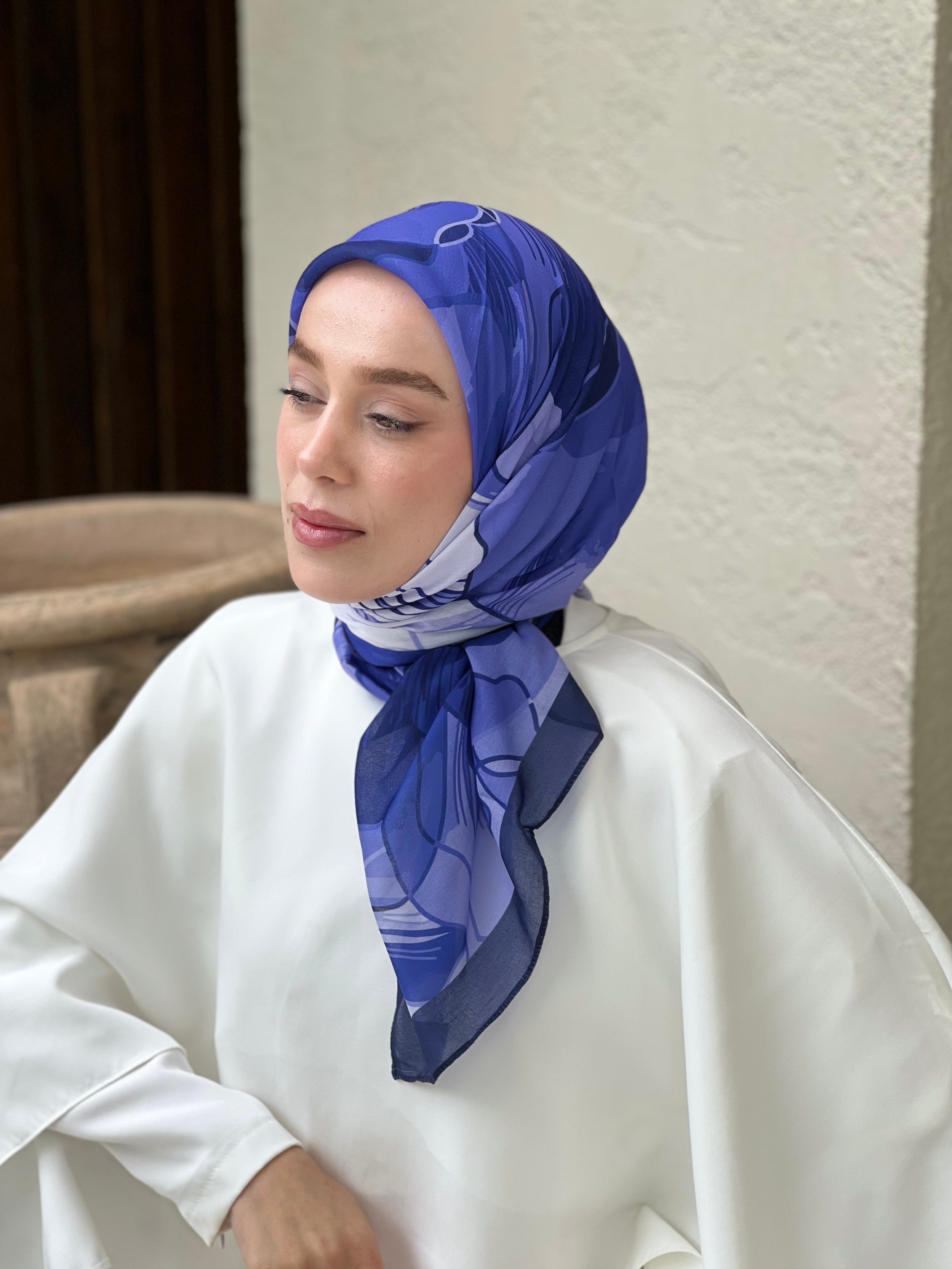 110 Cm Orkide Desen Eşarp - Lacivert-Lila