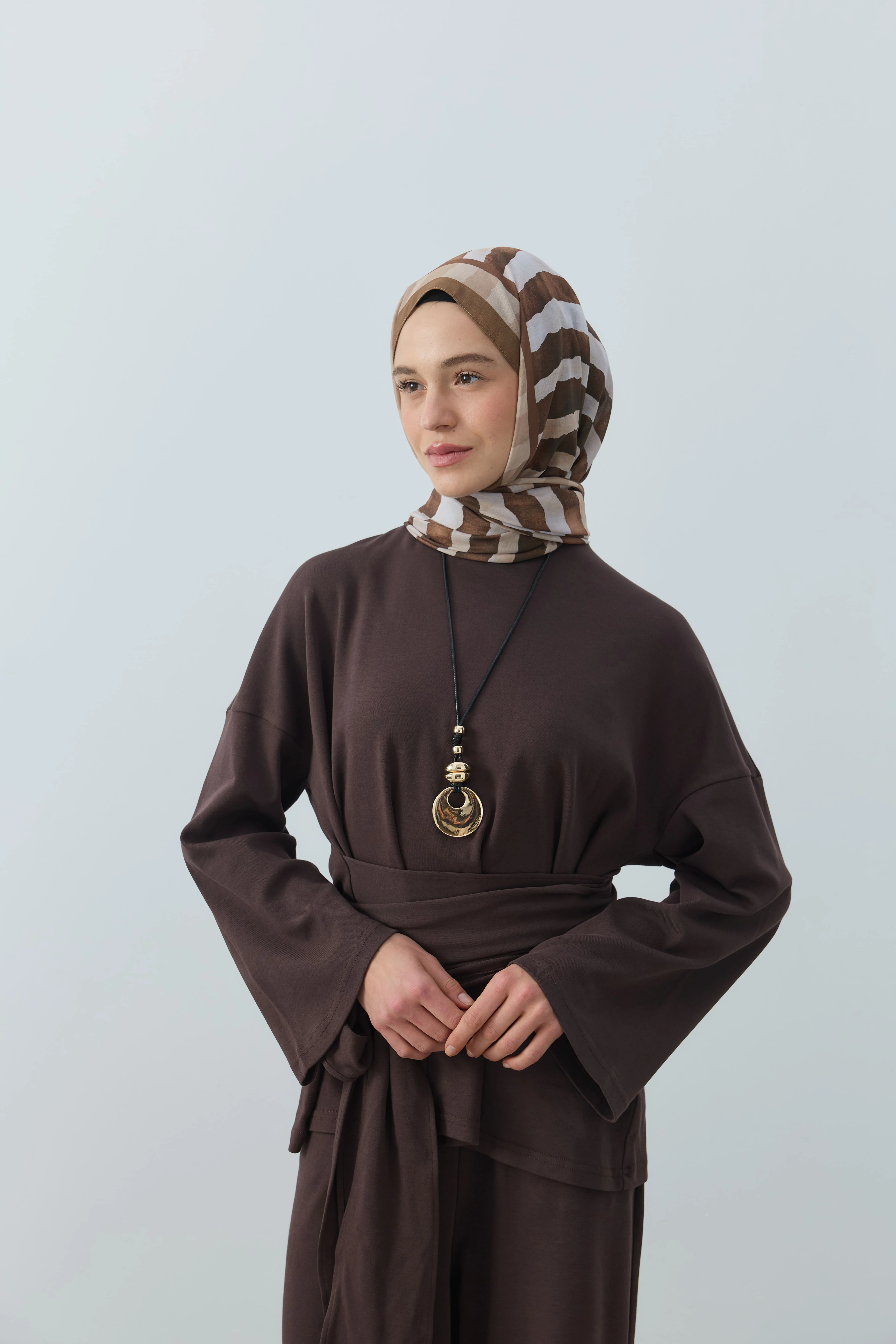 Curvella Desen Lina Şal - Koyu Bronz