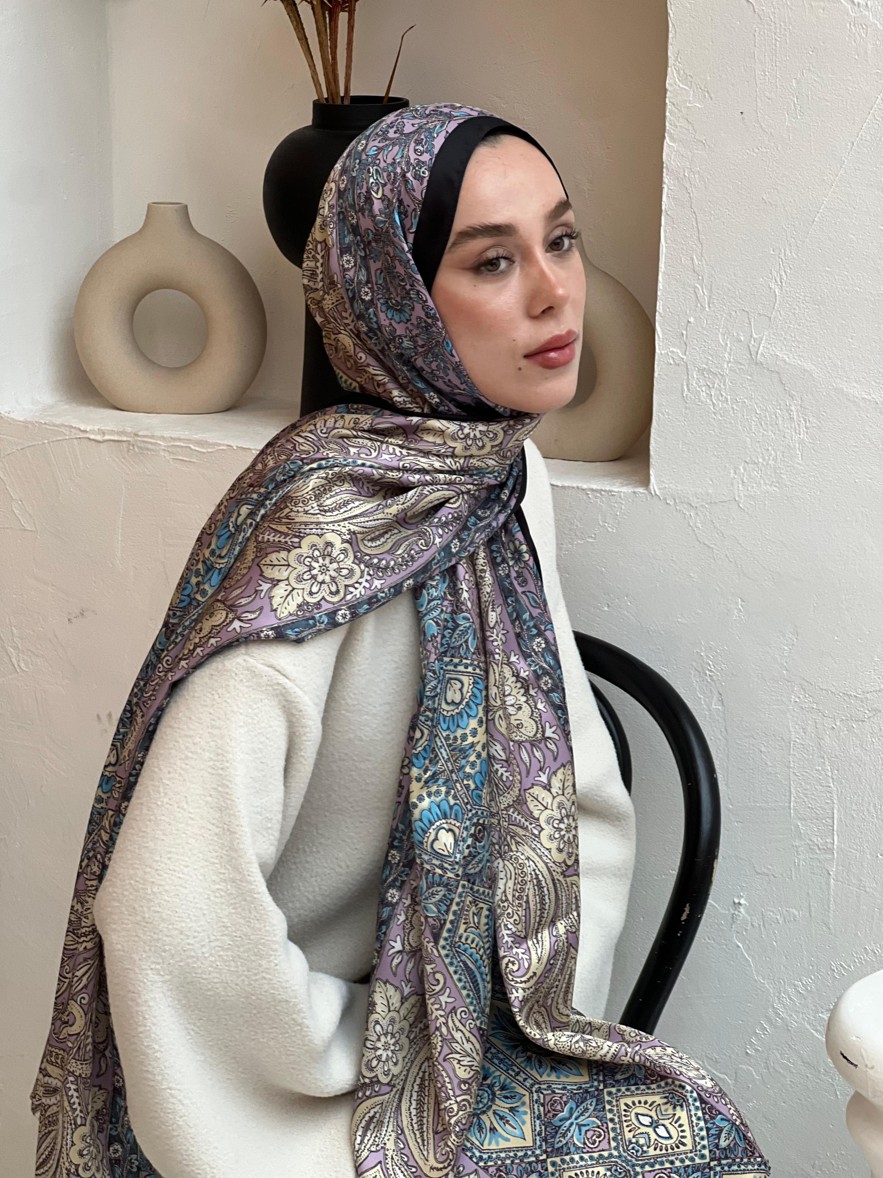 İpeksi Şal Floral Vintage Desen - Siyah-Lila