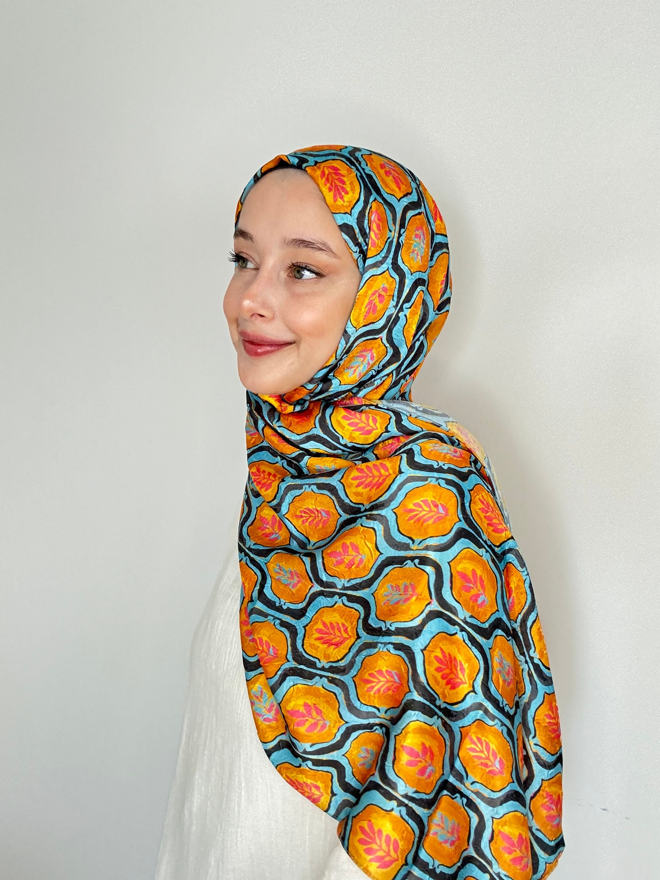 Wheat Pattern Bright Bamboo Shawl - Turuncu-Açık Mavi