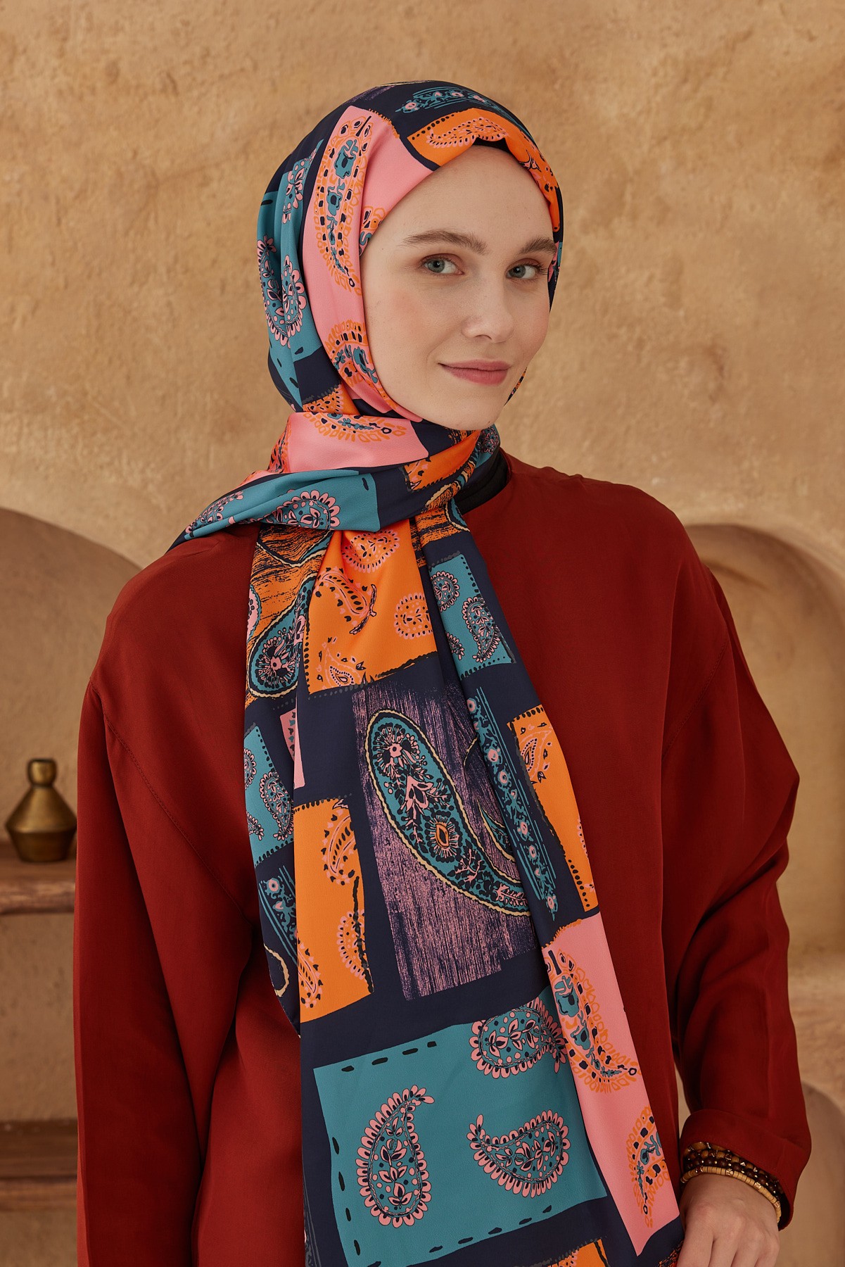 Silky Shawl Paisley Patchwork Pattern - Lacivert-Turuncu