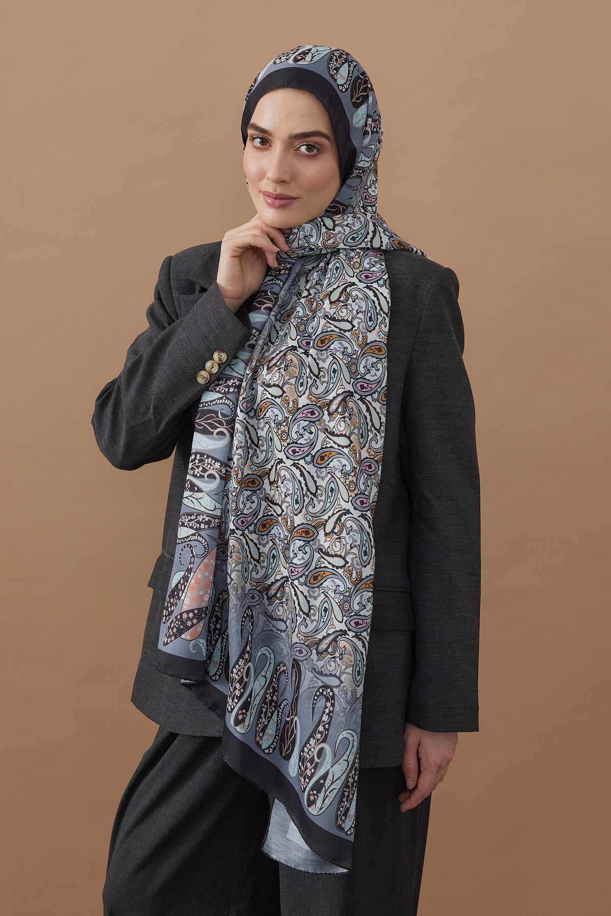 Paisley Flower Desen Pamuk Şal - Siyah-Gri