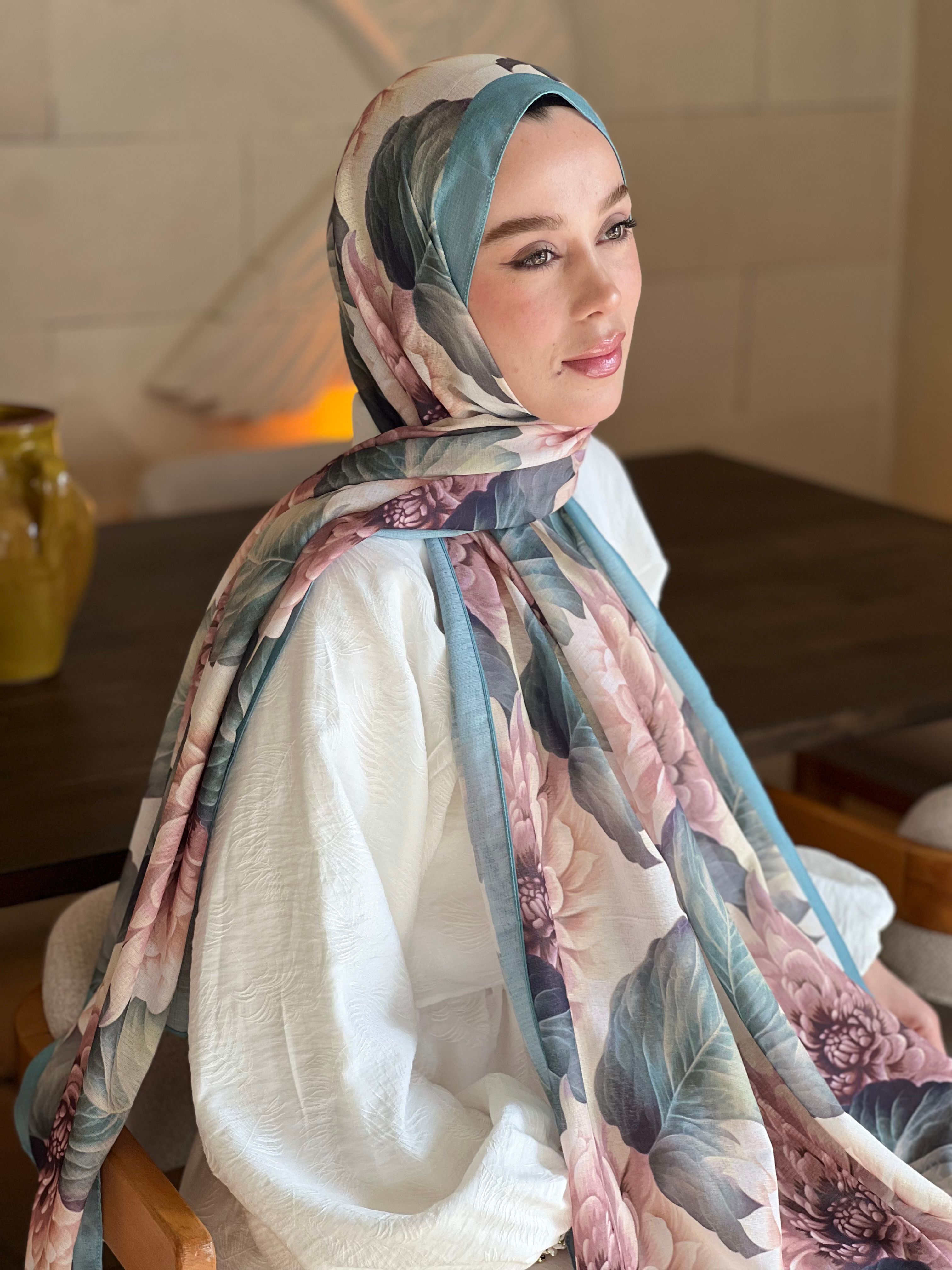 Ortanca Desen Lina Şal - Mavi