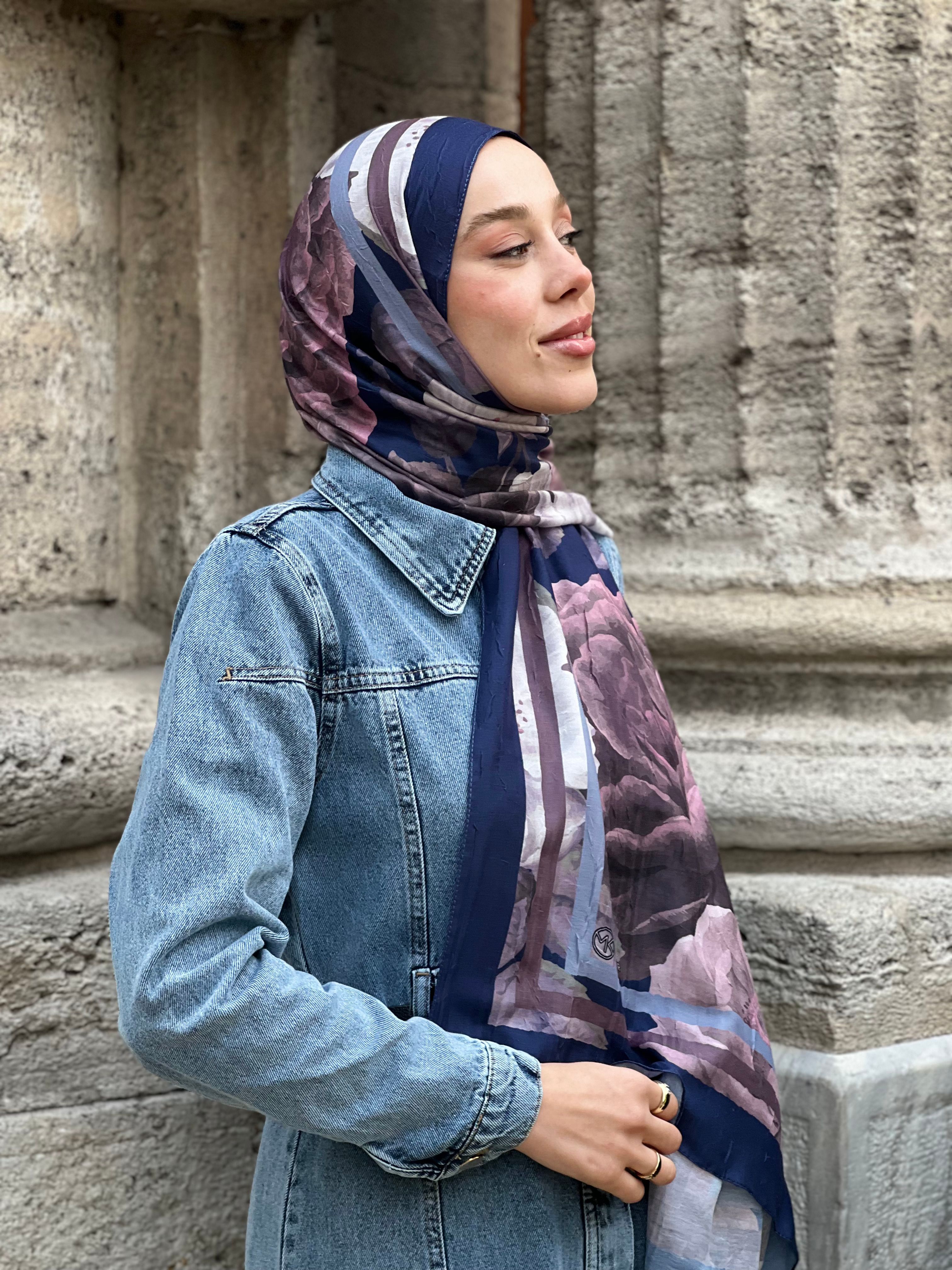Gül Desen Bambu Şal - Lacivert