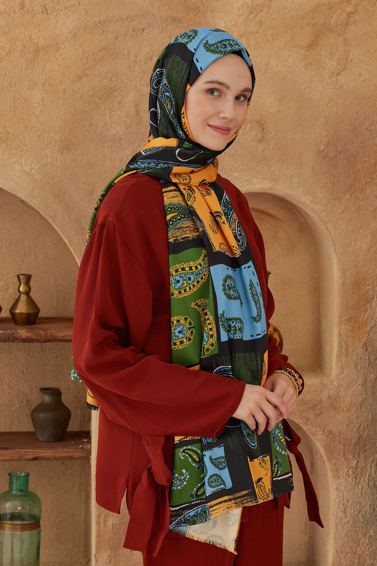 Silky Shawl Paisley Patchwork Pattern - Siyah-Mavi