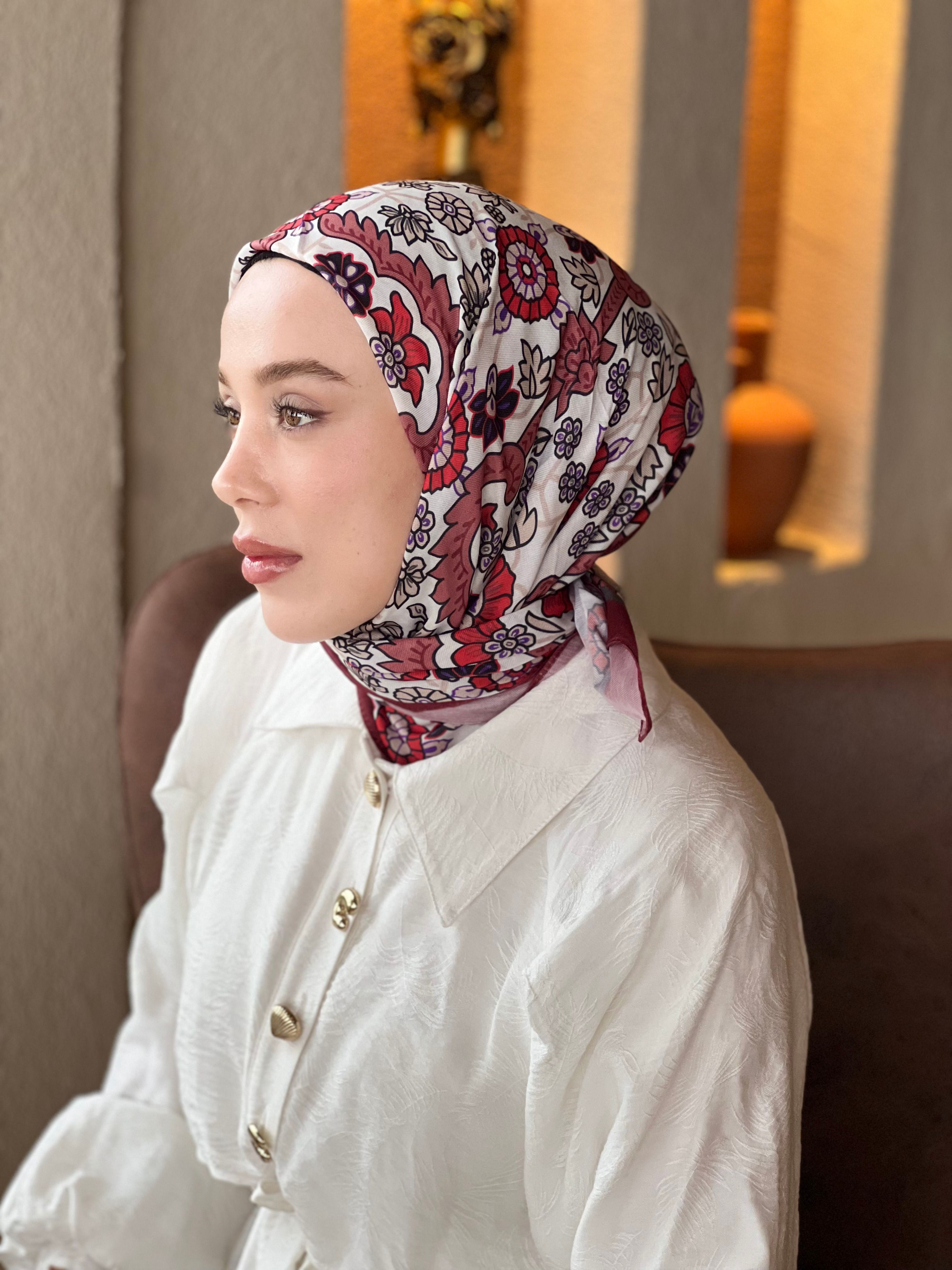 Kayra Pattern Cotton Scarf - Burgundy-Grey
