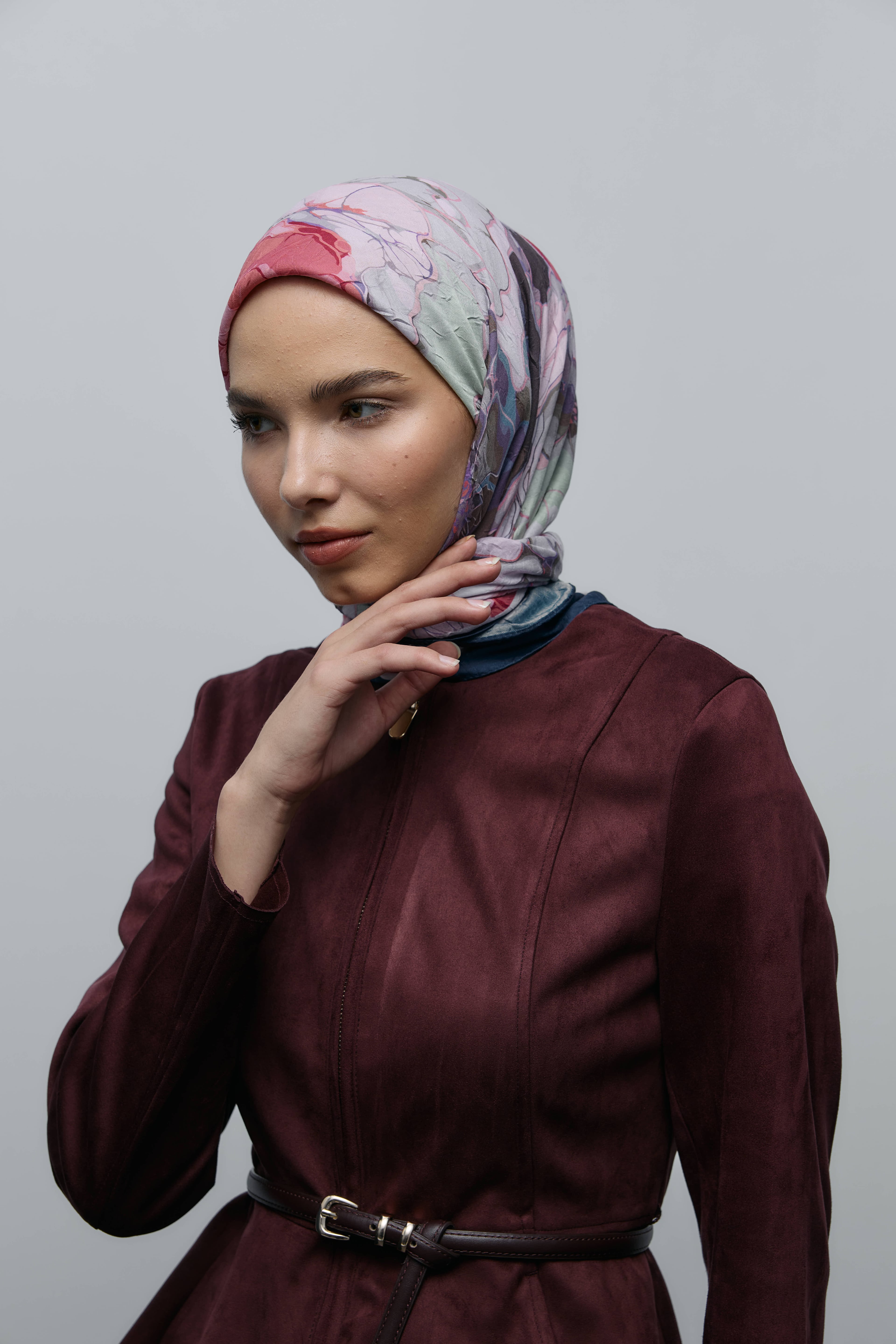 Ebruli Desen Bambu Eşarp - Lacivert