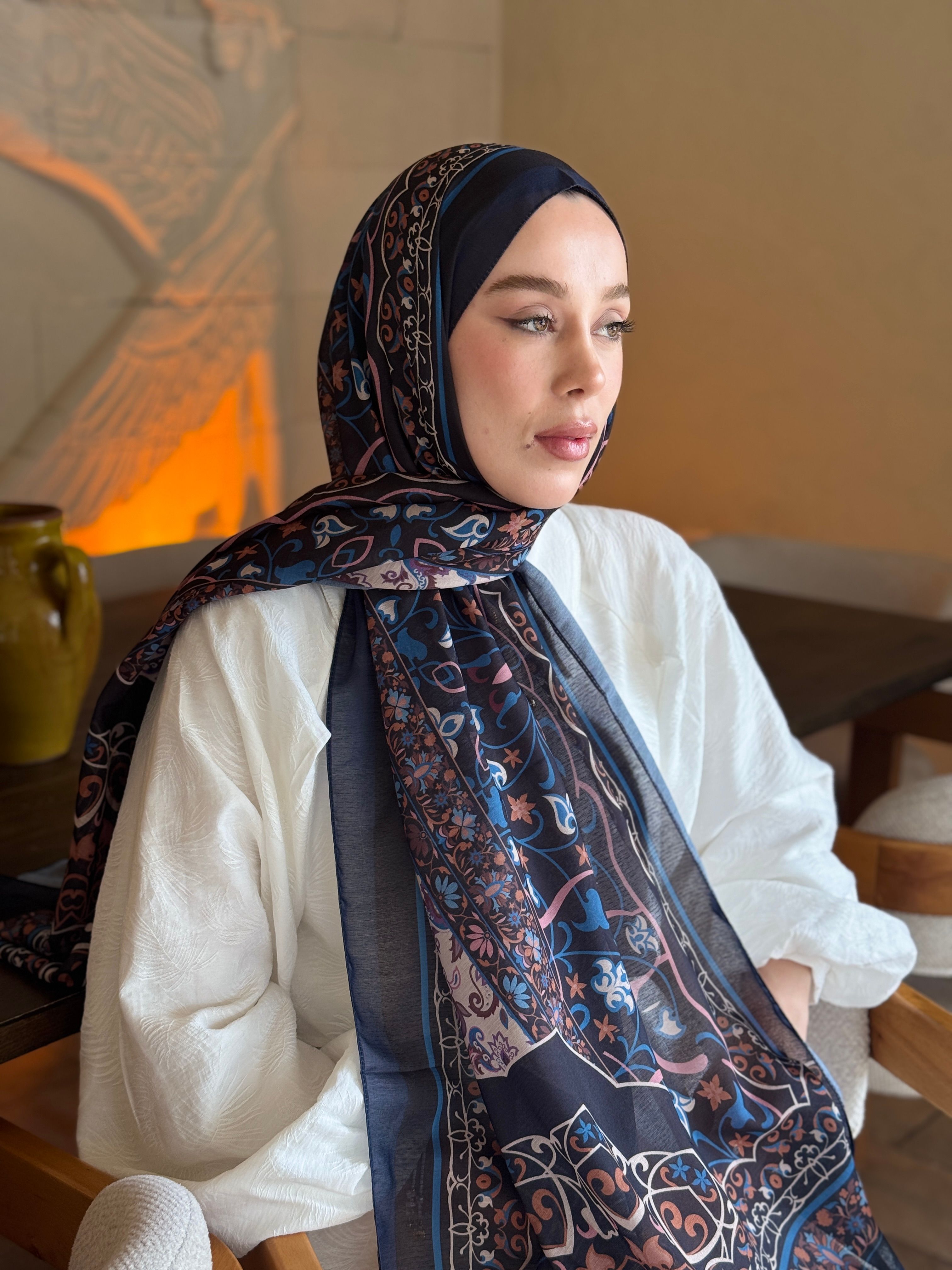 Pıtrak Desen Lina Şal - Lacivert-Mavi