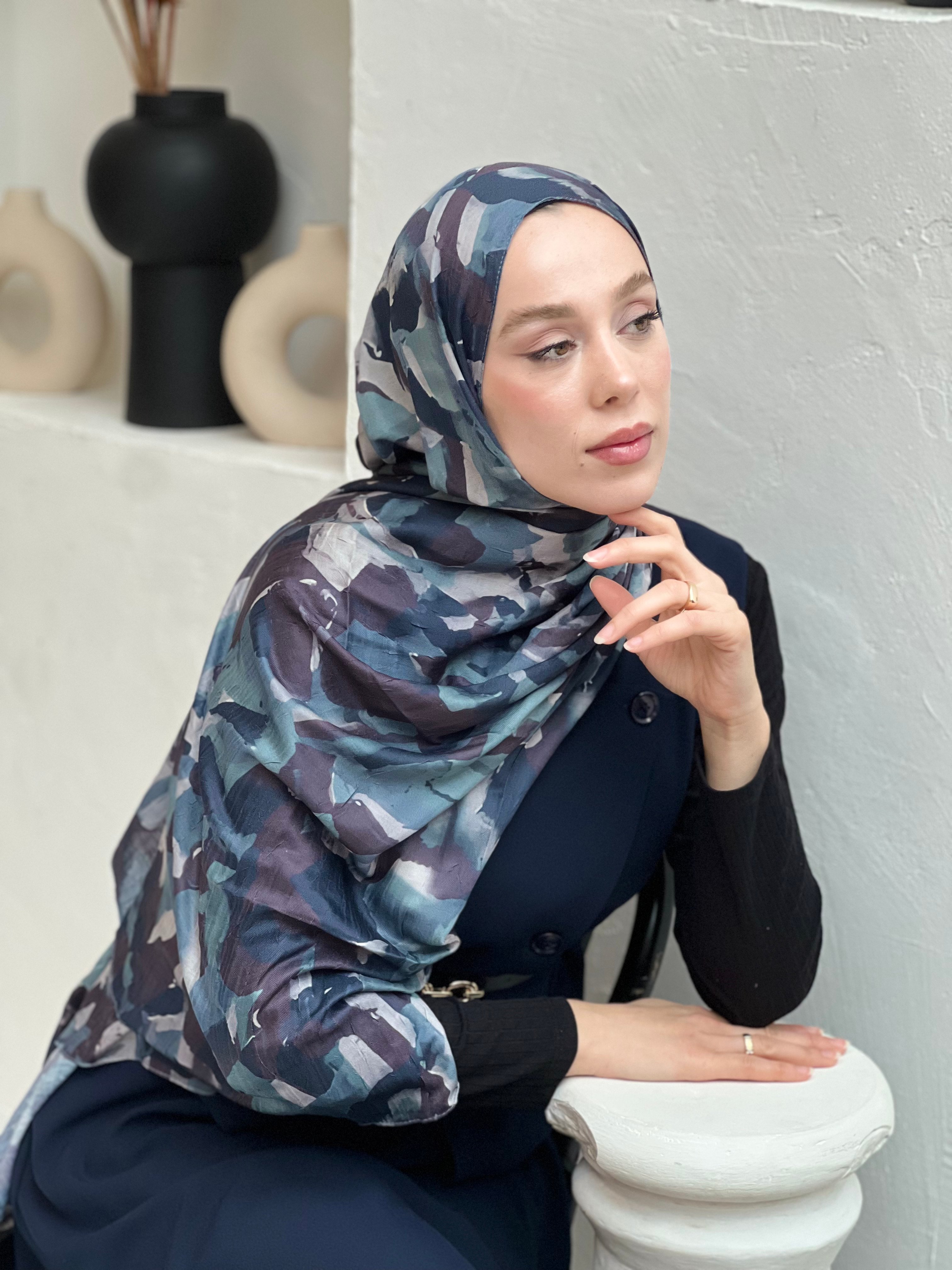 Watercolor Mist Pattern Bamboo Shawl - Petroleum-Black