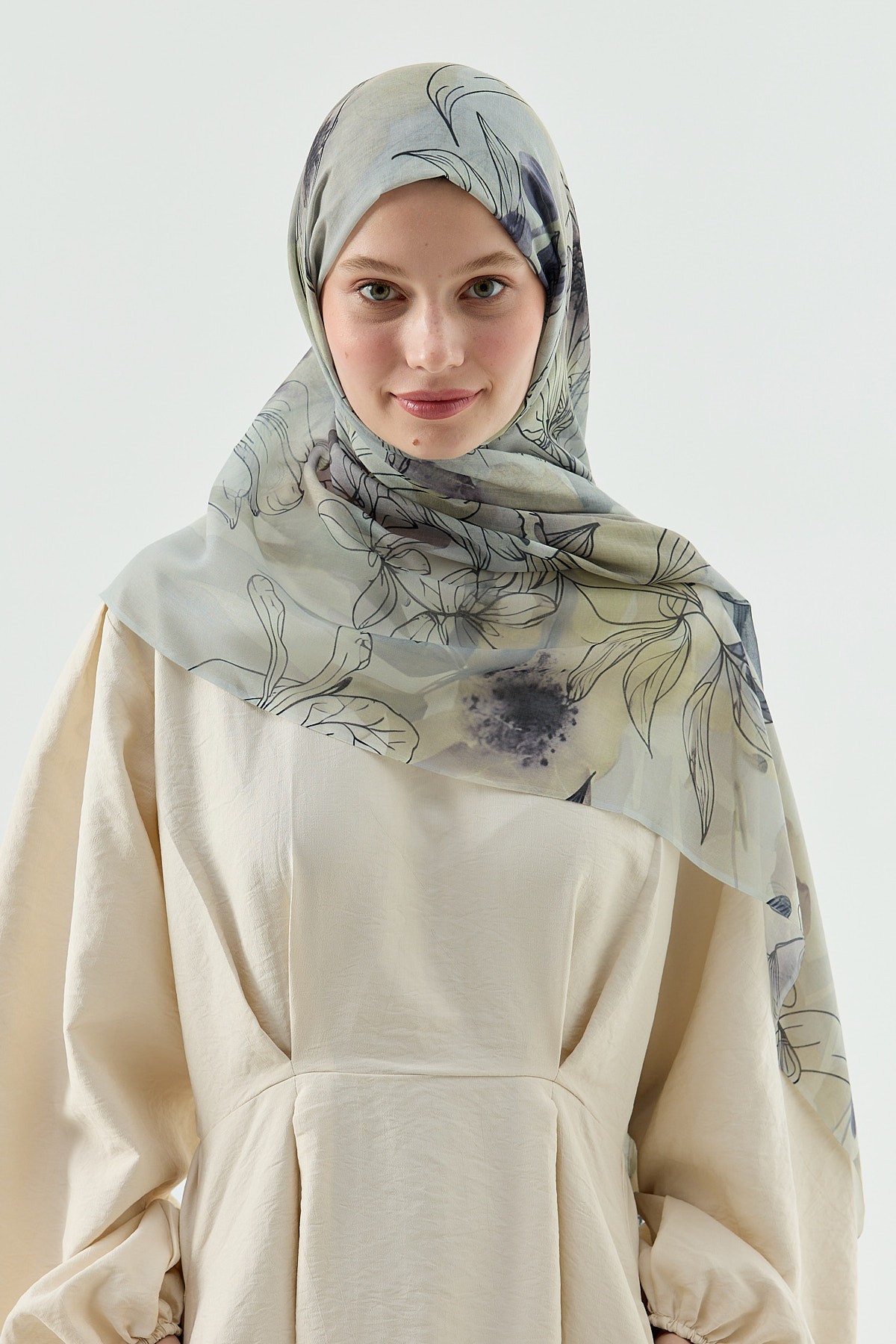 Zambak Desen Aya Şal - Soft Yeşil-Beyaz