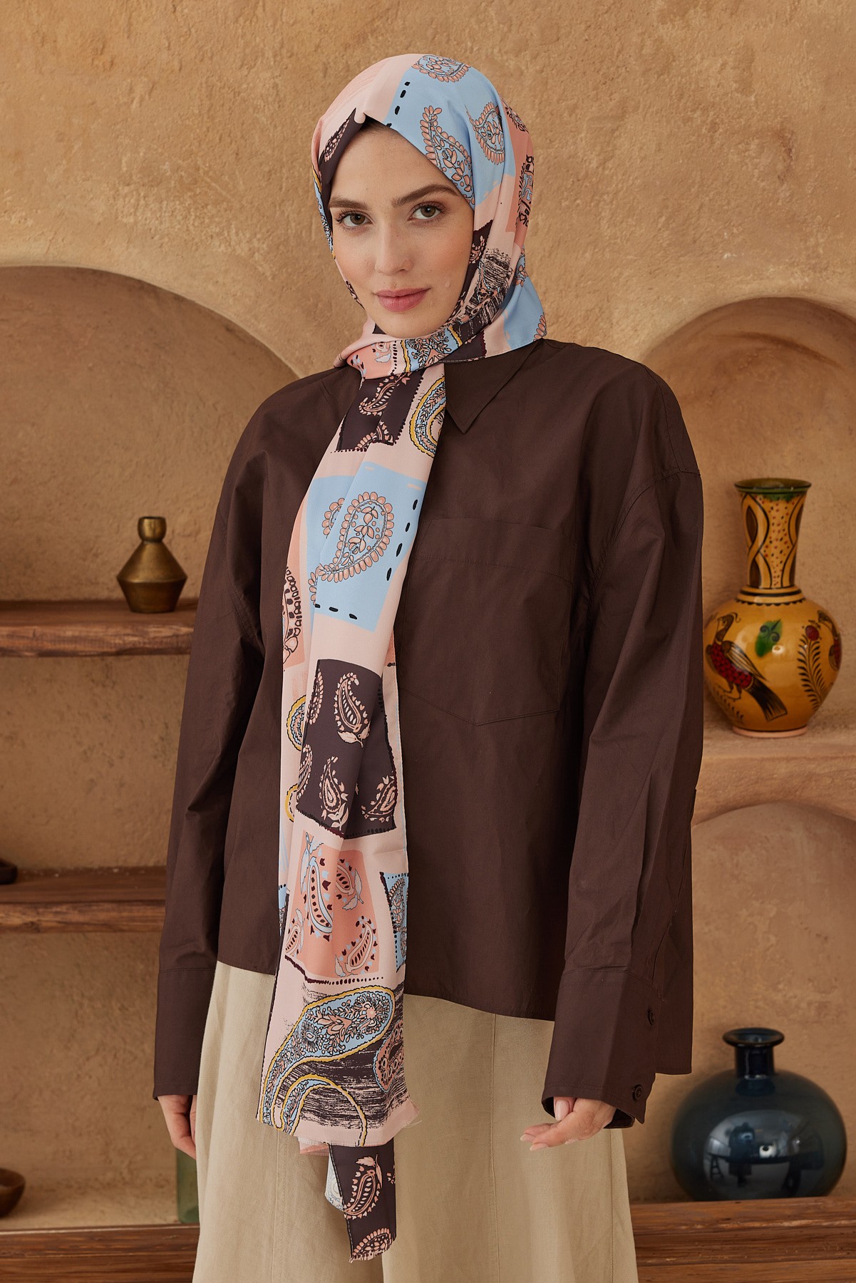 Silky Shawl Paisley Patchwork Pattern - Acı Kahve-Somon