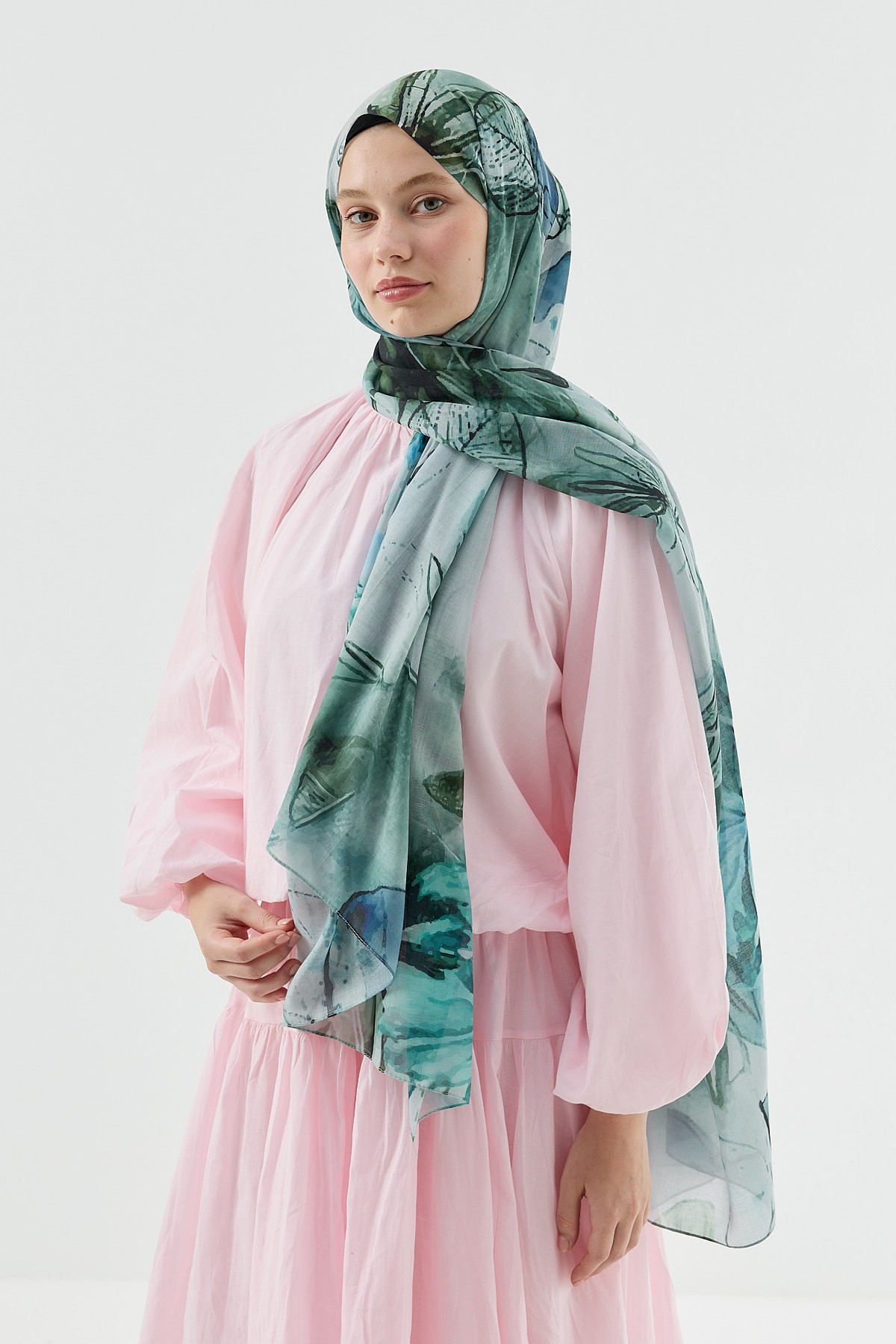 Nilüfer Desen Aya Şal - Gri-Mavi