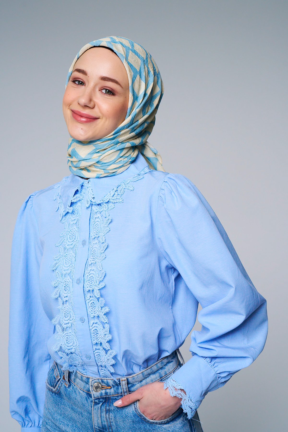 Box Desen Bambu Eşarp - Açık Mavi