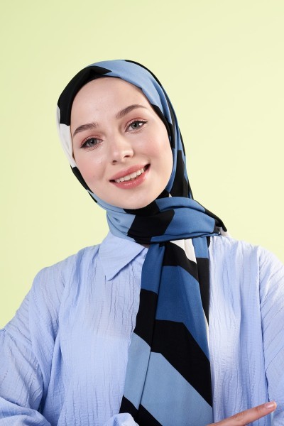Modern Zigzag Pattern Medina Silk Shawl - Blue black