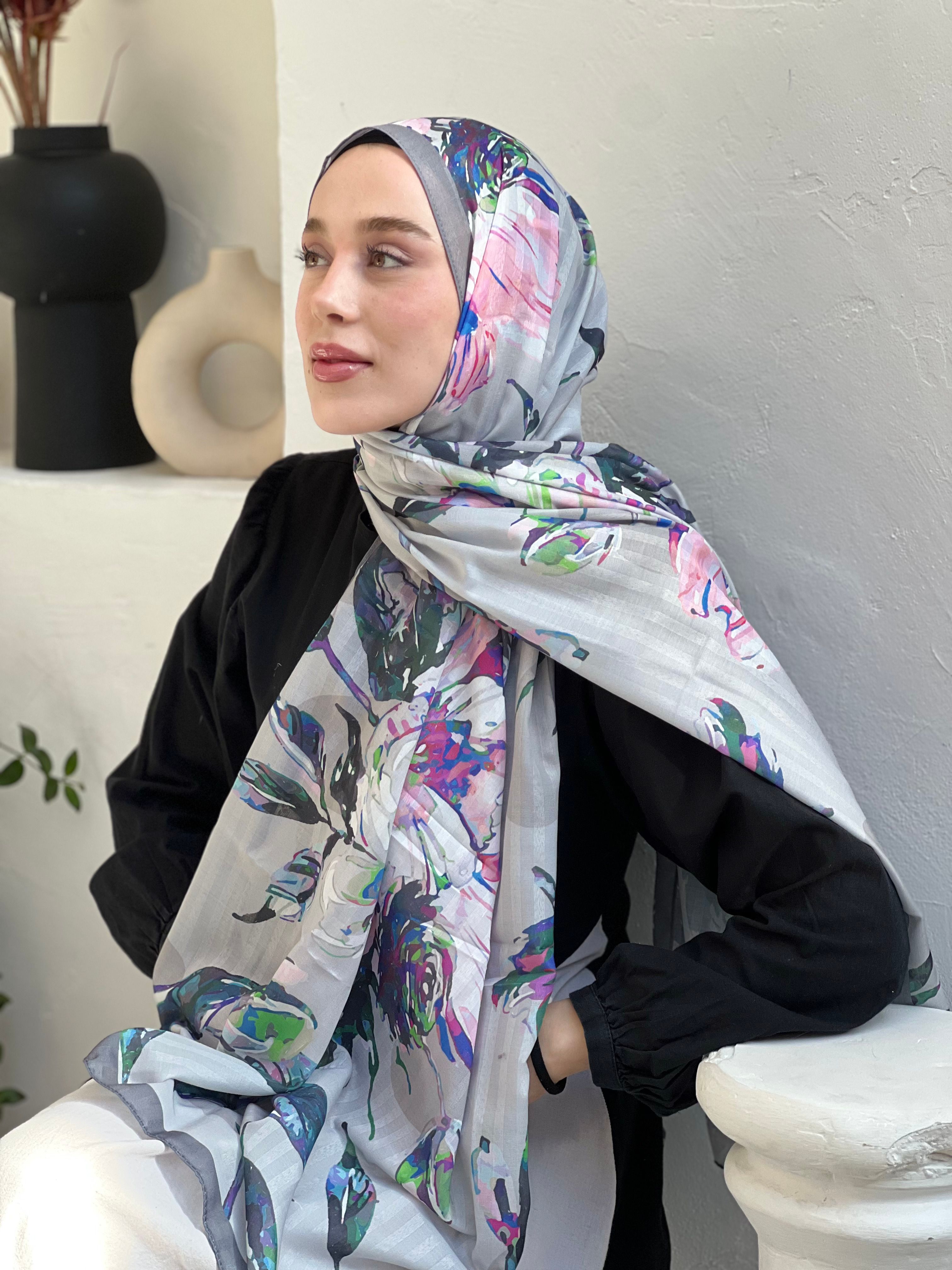 Azalea Pattern Striped Shawl - Anthracite