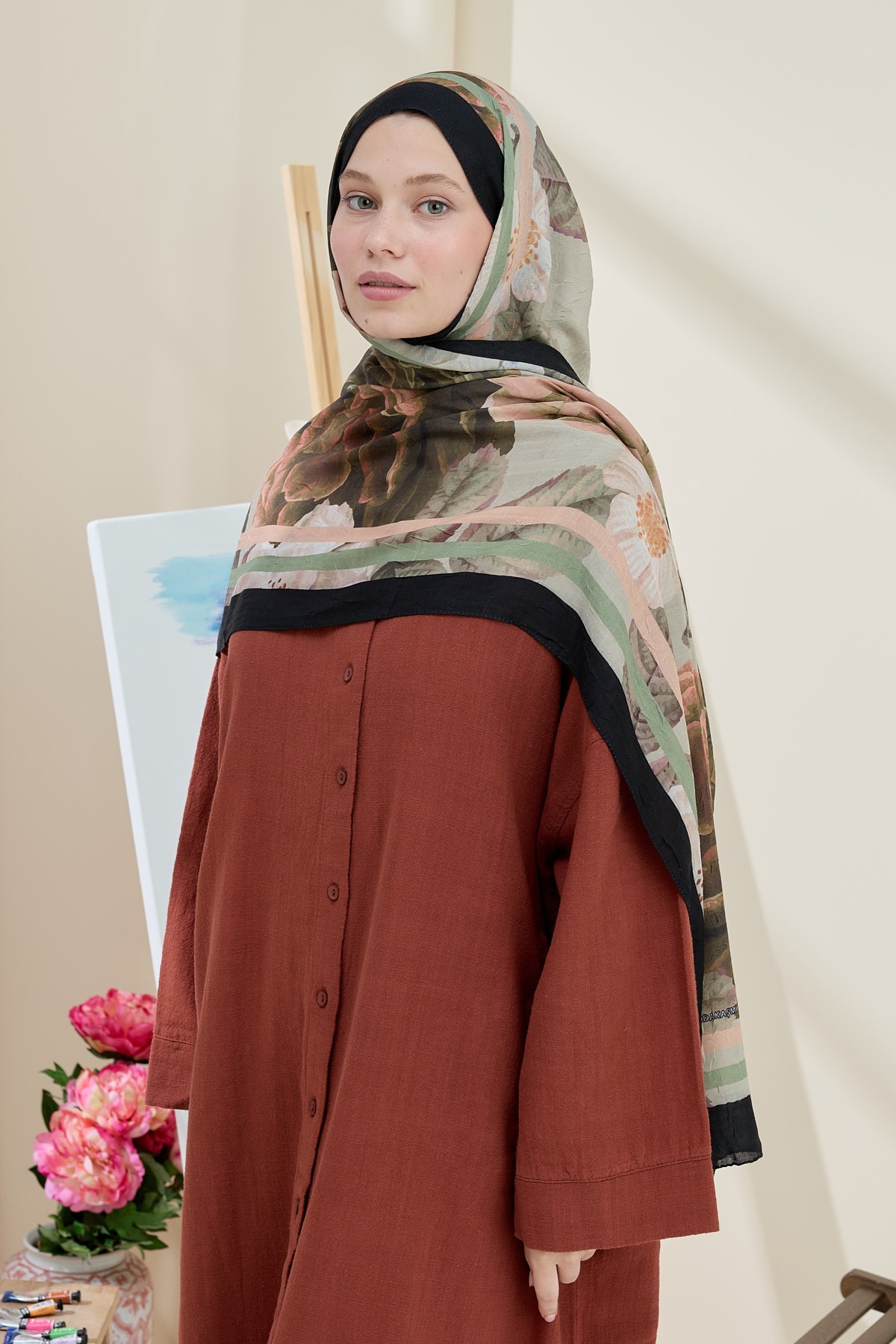Gül Desen Bambu Şal - Siyah-Yeşil