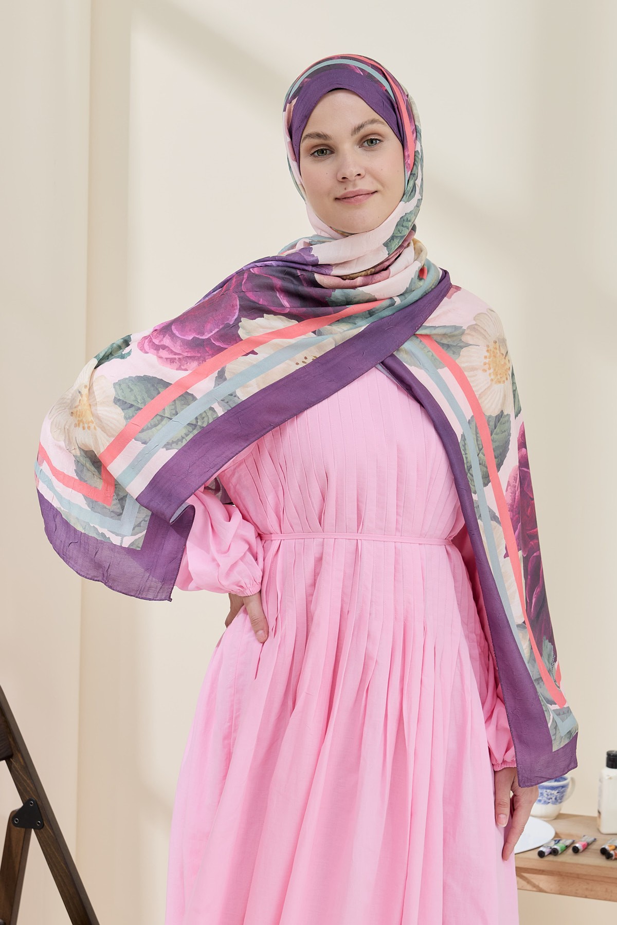 Gül Desen Bambu Şal - Mürdüm