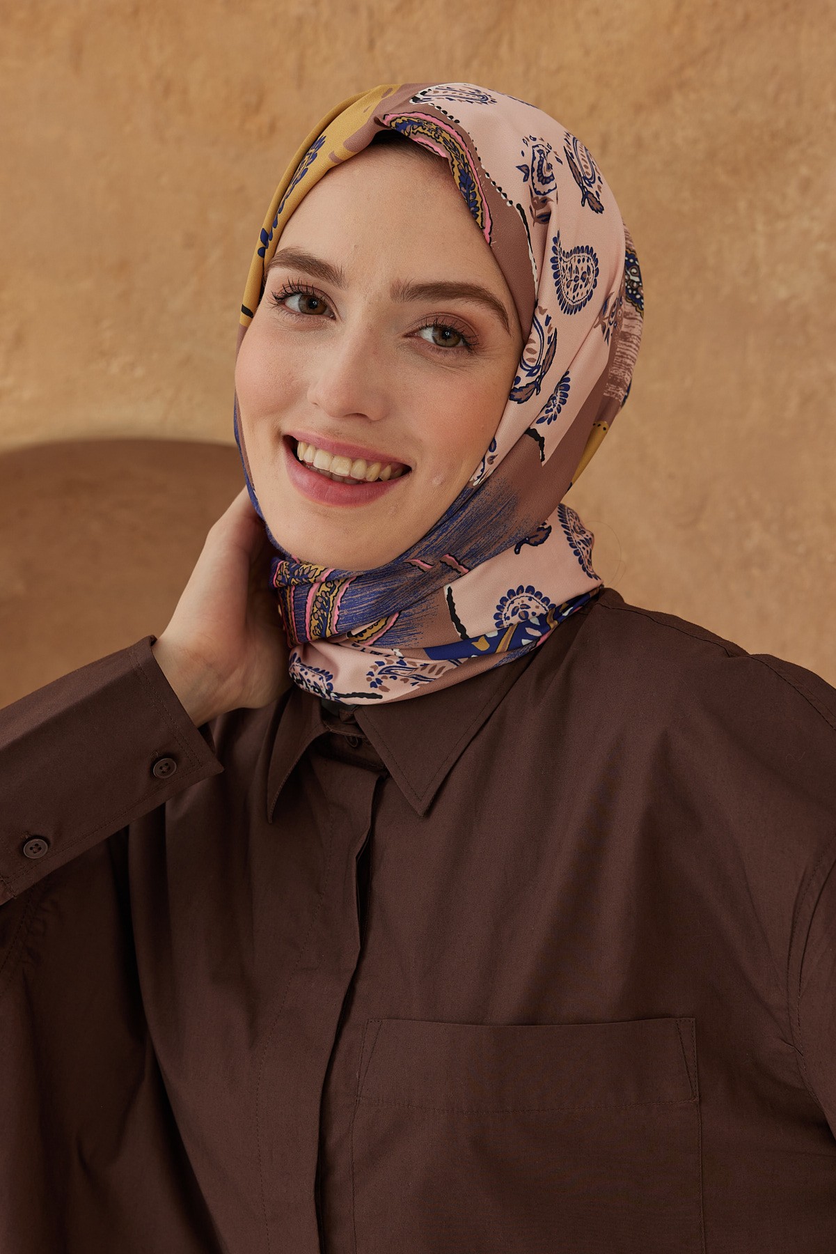 Silky Shawl Paisley Patchwork Pattern - Somon-Tozlu Kahve