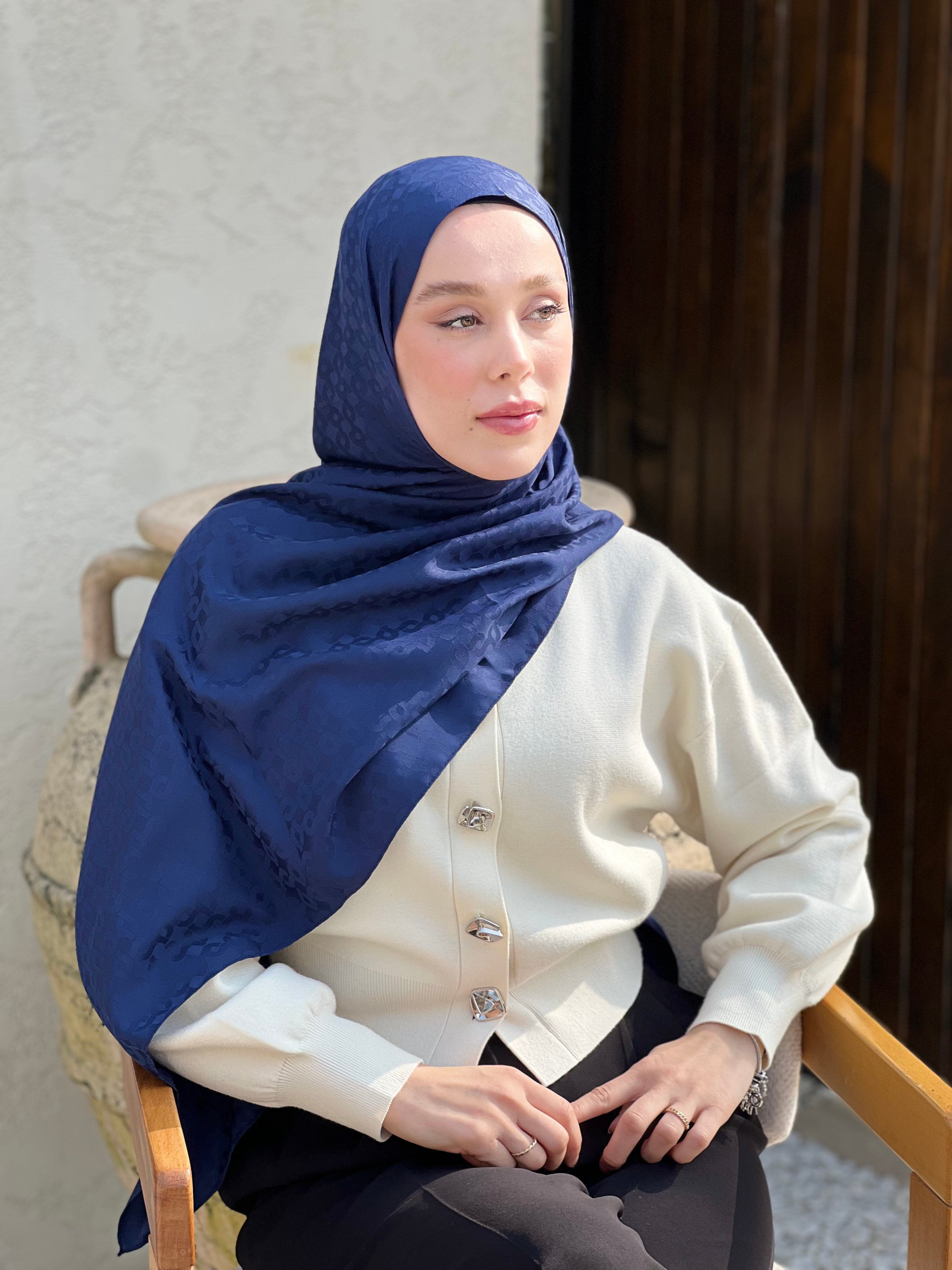 Silky Jacquard Series Linn Pattern Shawl - Navy Blue