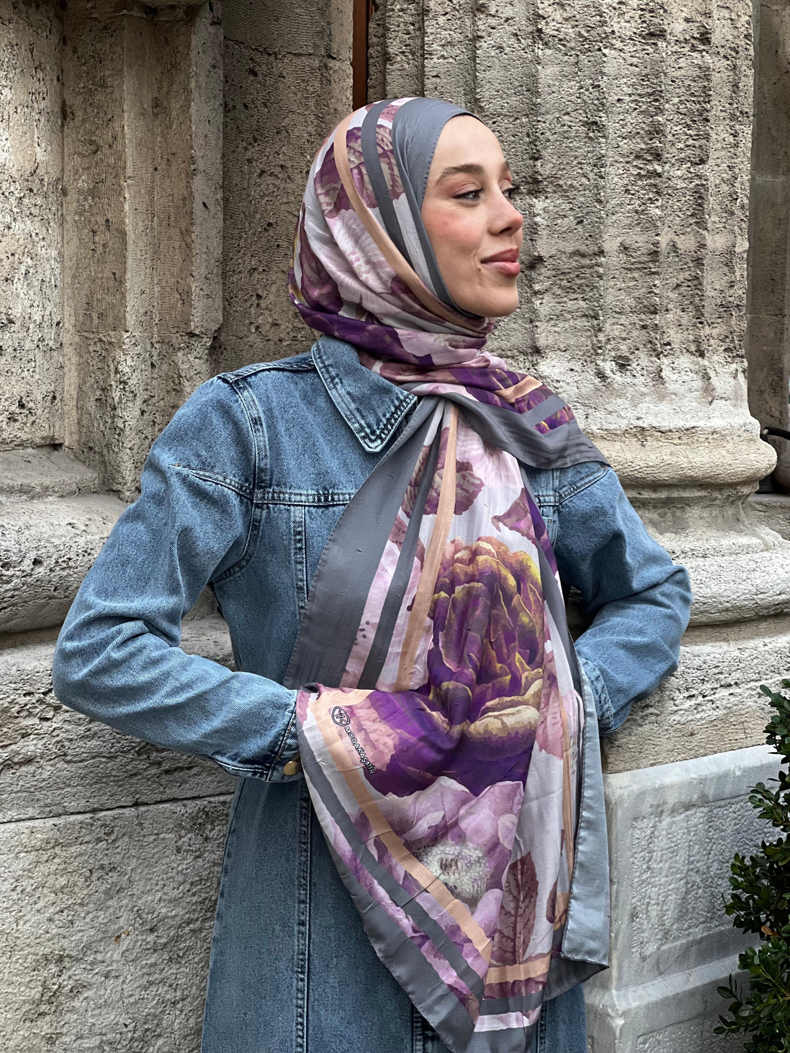 Gül Desen Bambu Şal - Gri