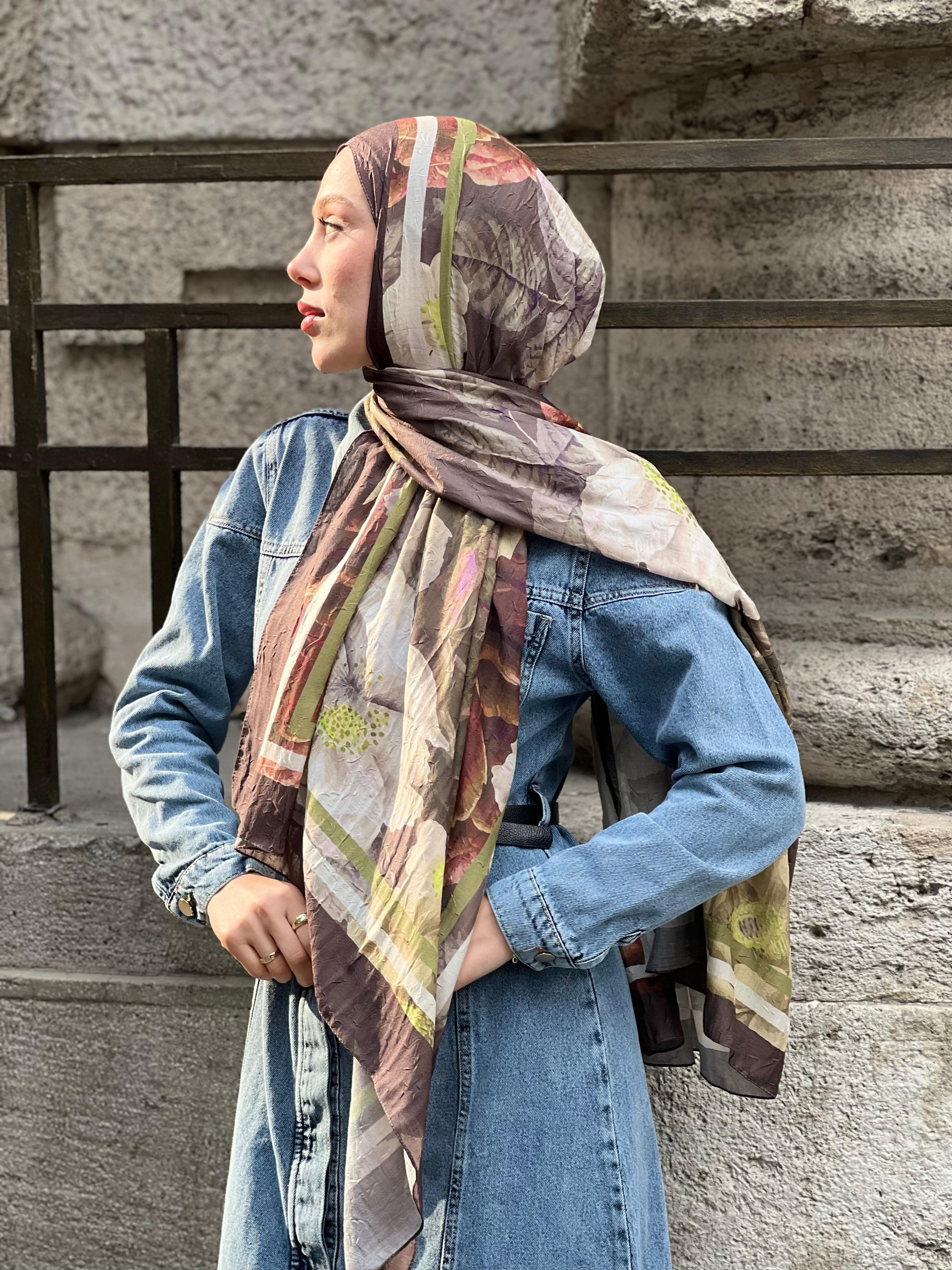 Gül Desen Bambu Şal - Acı Kahve-İğde