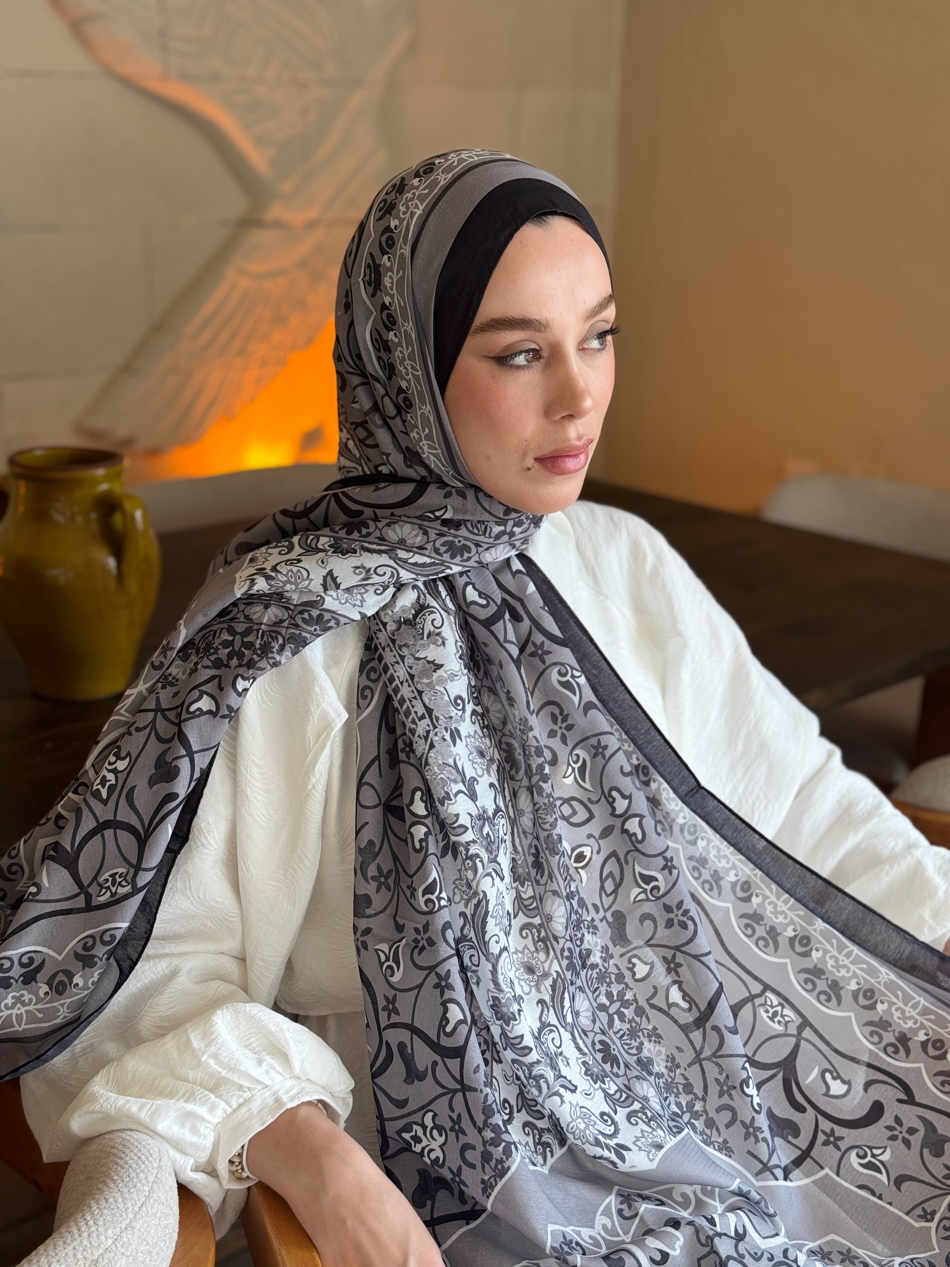 Pıtrak Desen Lina Şal - Siyah-Gri