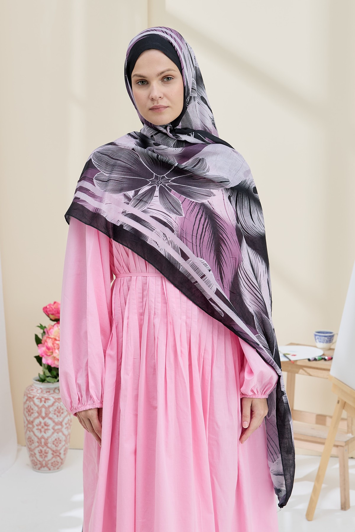 Palmira Desen Bambu Şal - Siyah-Eflatun