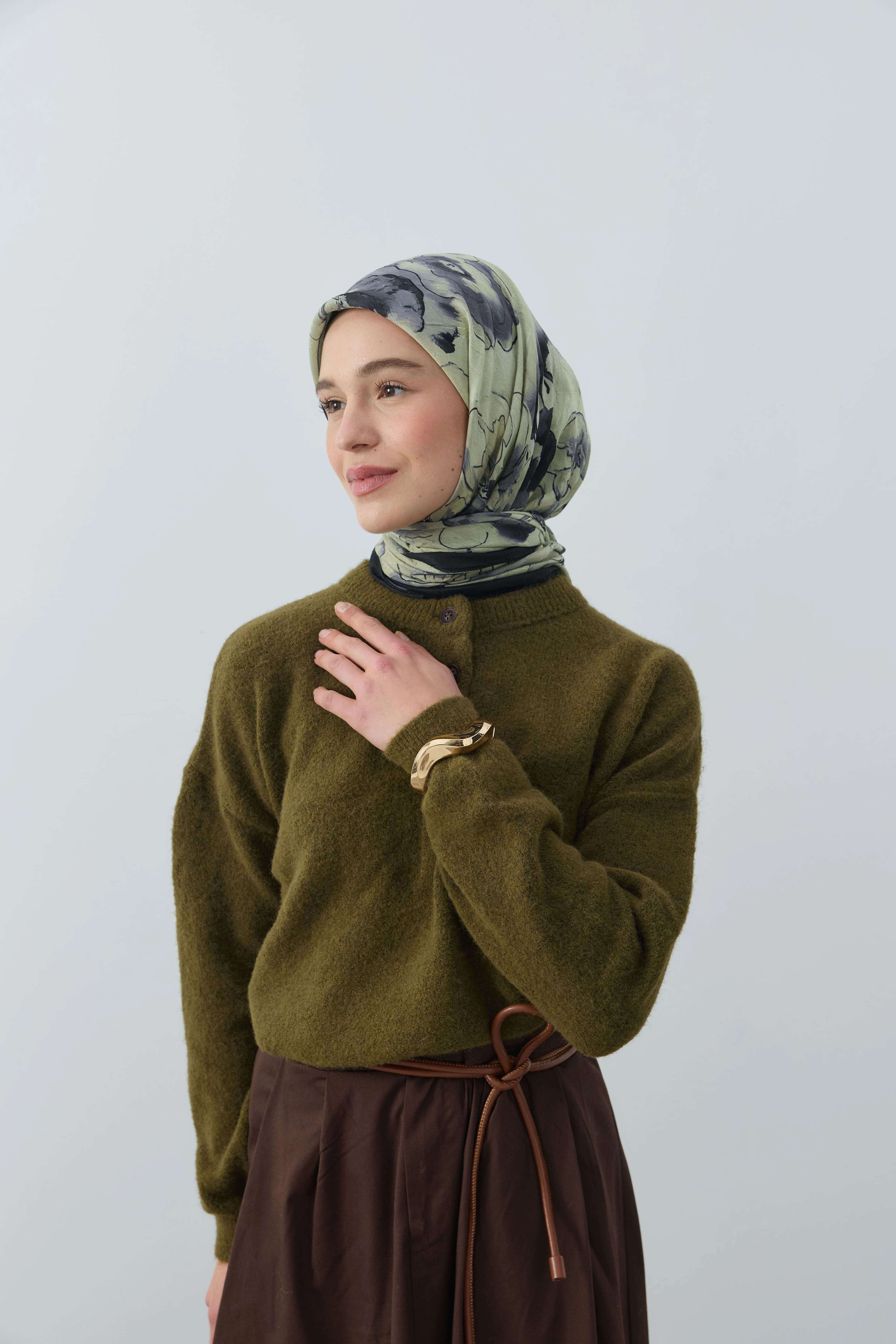 Evelyne Desen Bambu Eşarp - Siyah-Yeşil