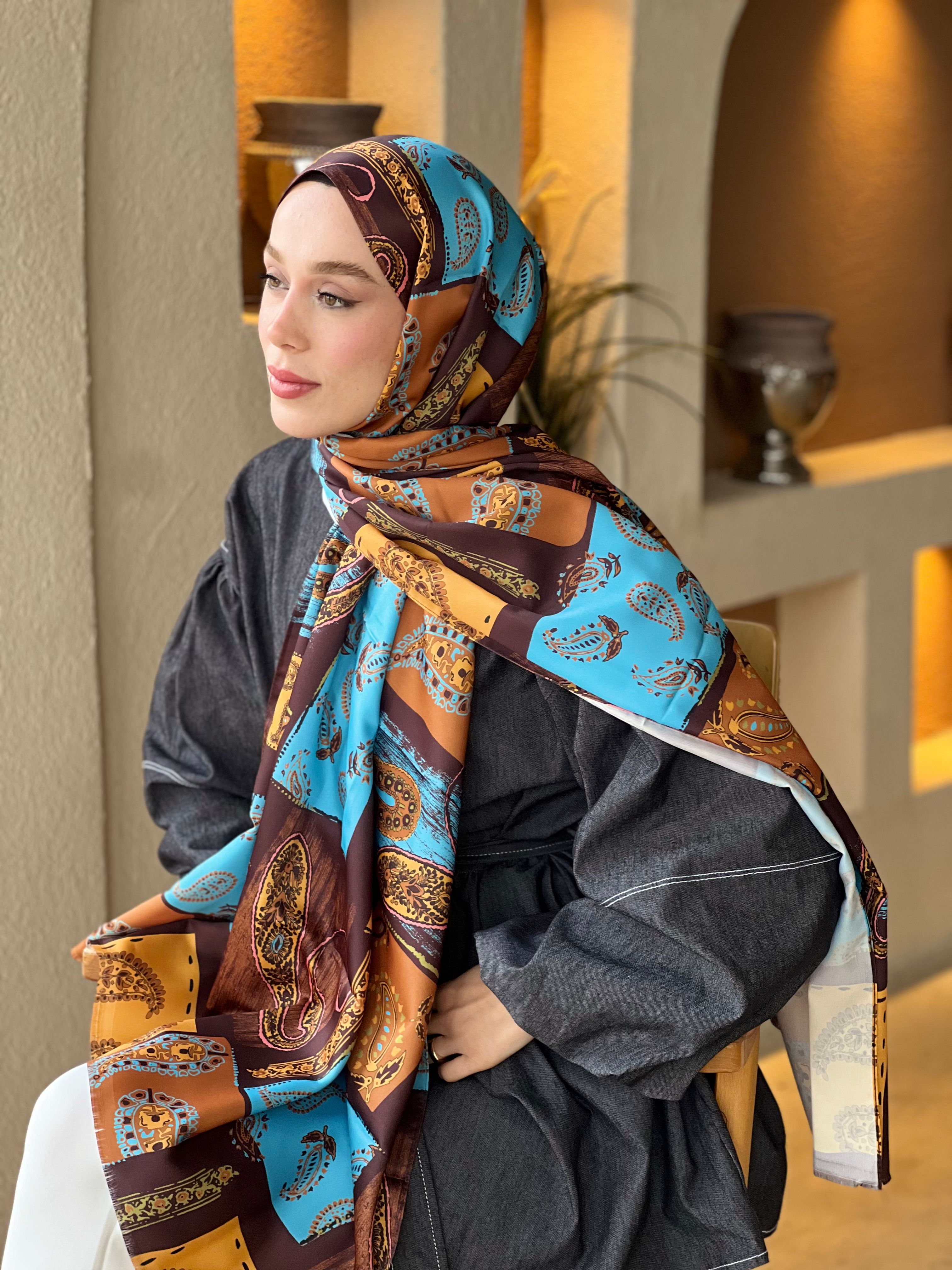 İpeksi Şal Paisley Patchwork Desen - Acı Kahve-Mavi